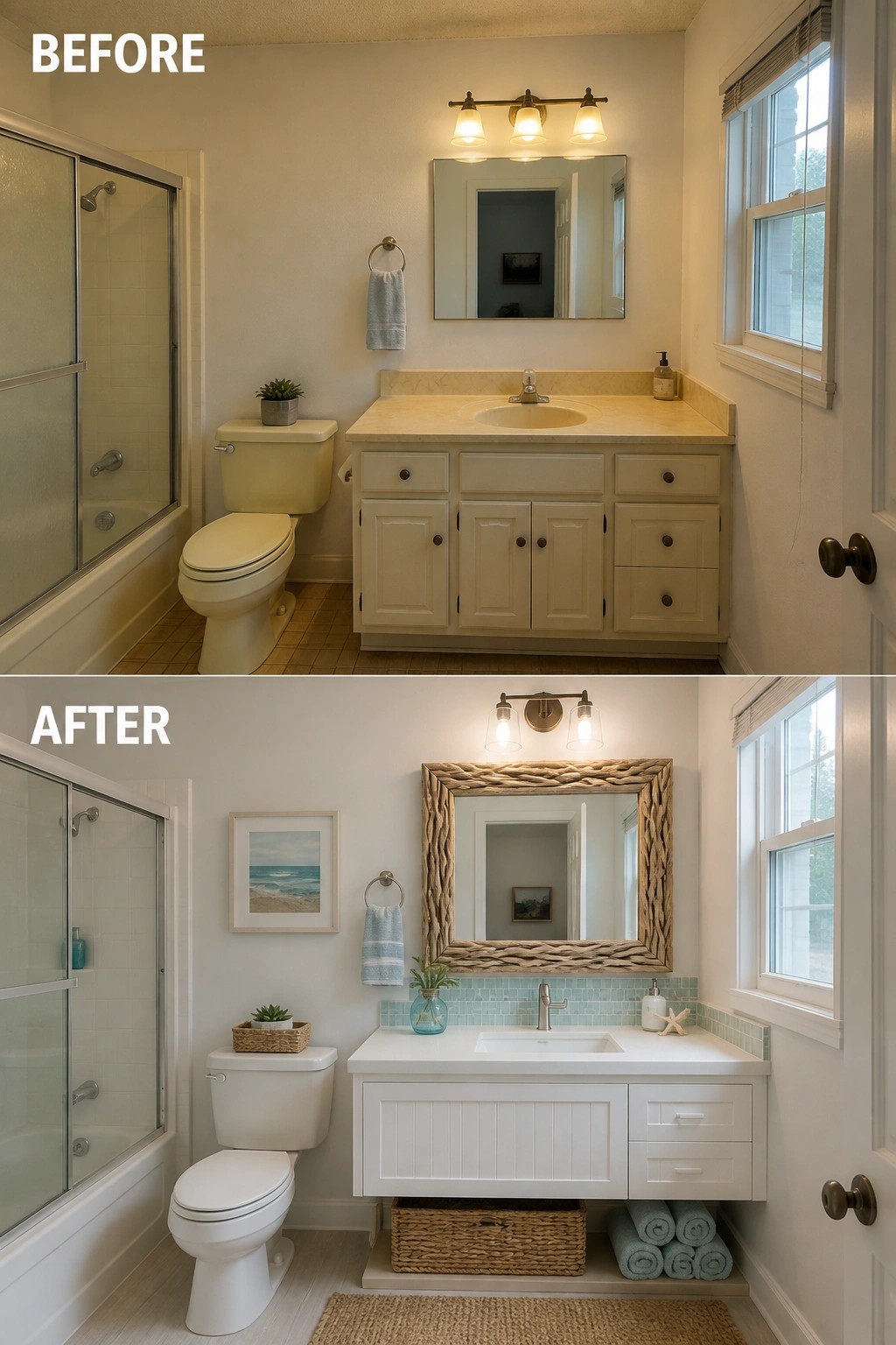 Before and after bathroom remodel with white vanity and coastal accents.