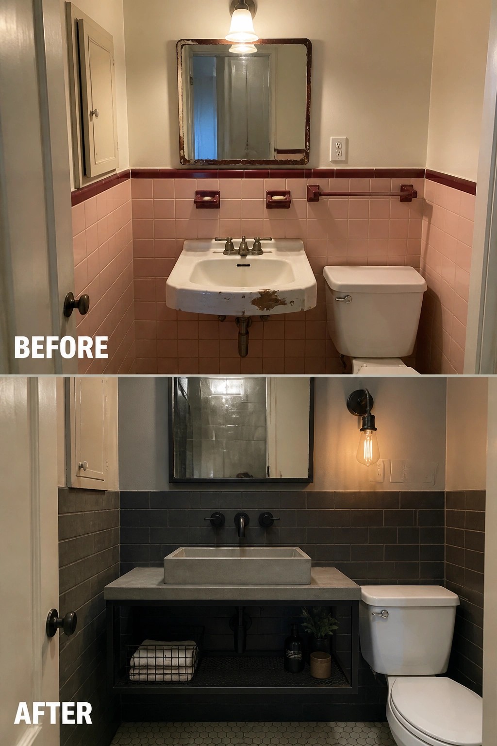 Before-and-after bathroom remodel: pink tiles and rusted sink transformed into modern dark tiles with concrete vanity.