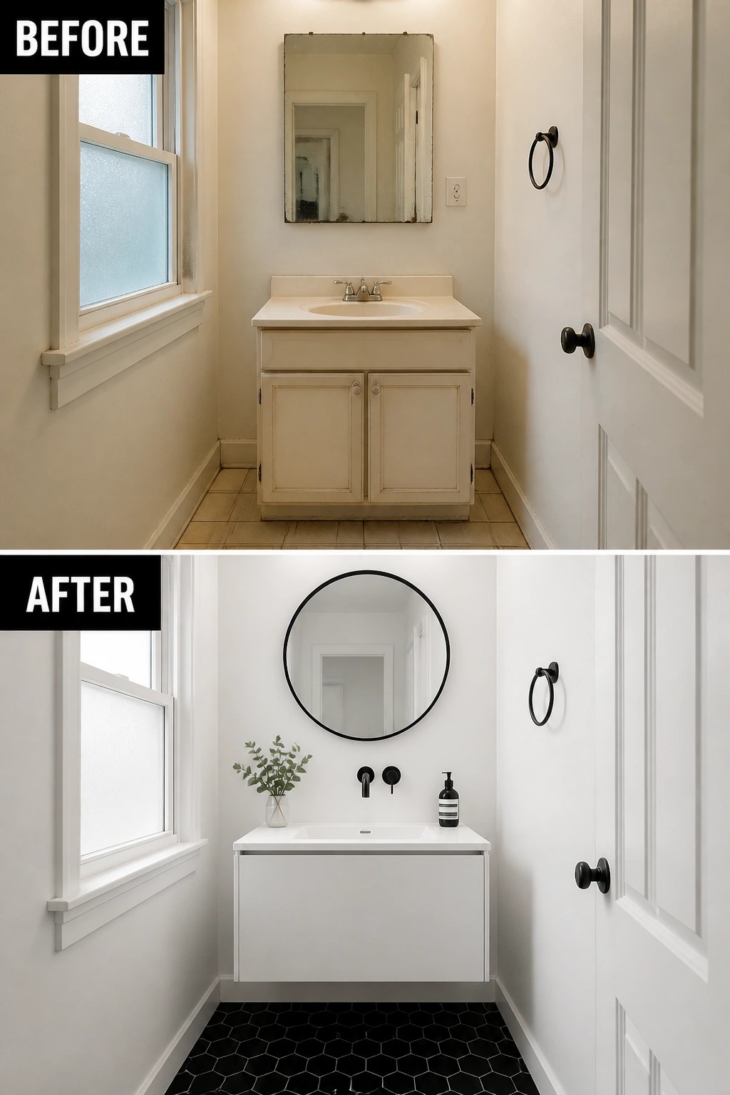 Before and after bathroom remodel from beige vanity to modern white floating sink.