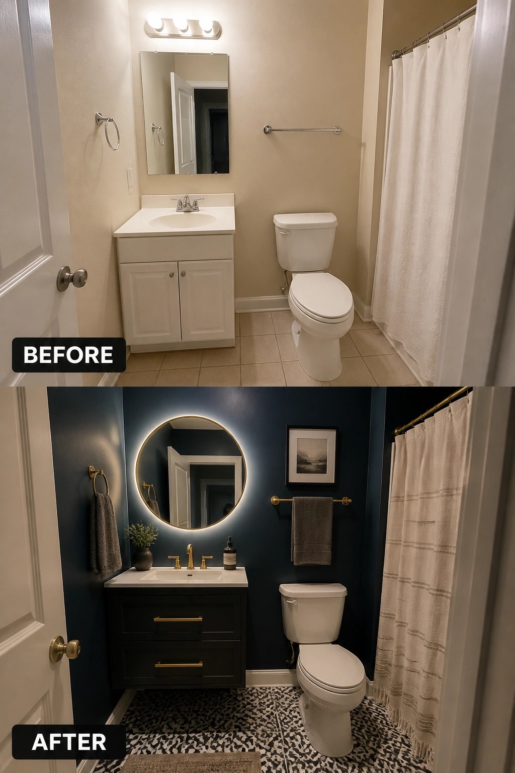 Before-and-after image of a small bathroom showing plain beige walls and a white vanity changed to deep navy walls, a dark vanity with gold hardware, and a round backlit mirror.
