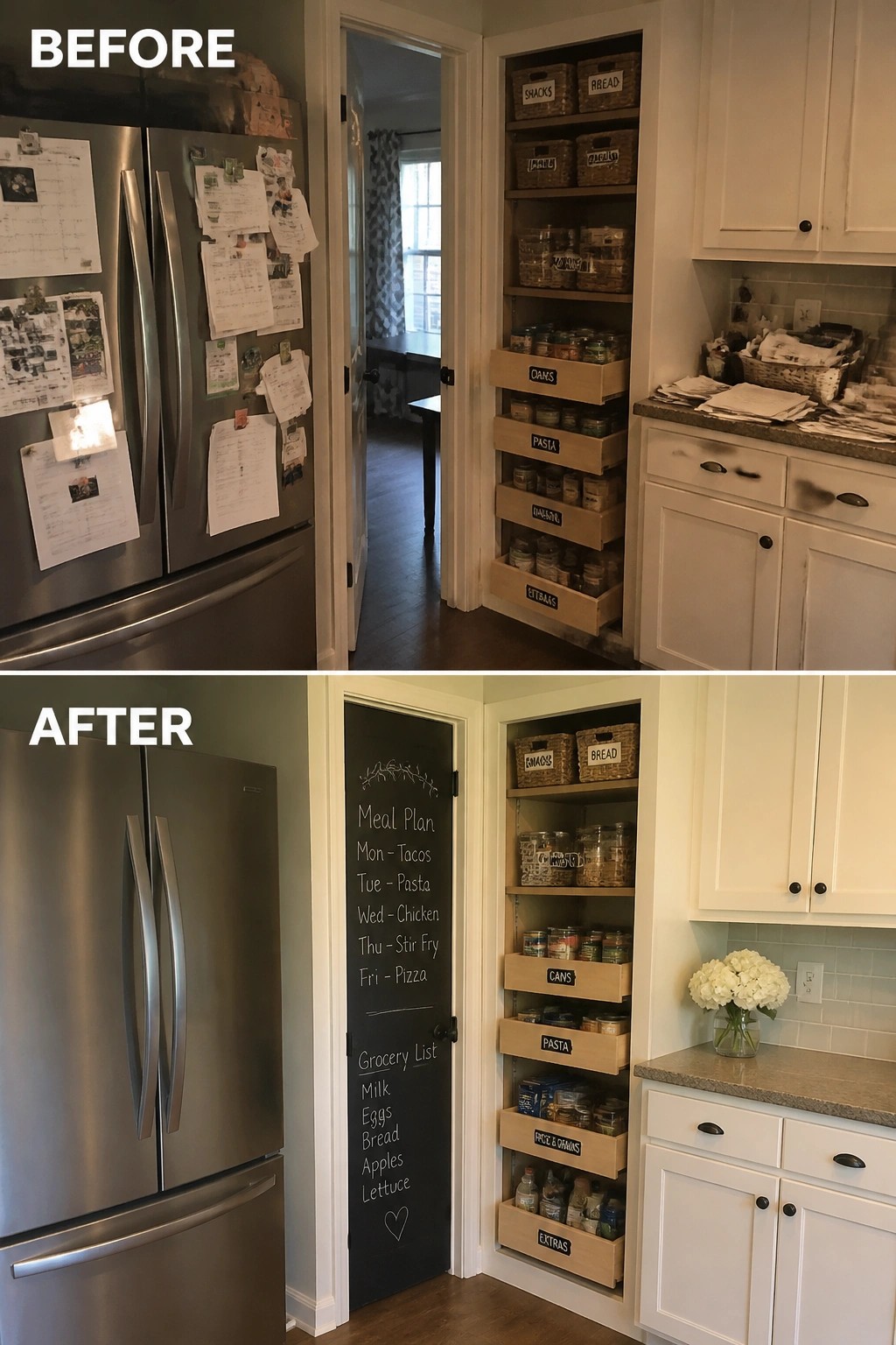 Before-and-after kitchen showing organized pantry, labeled drawers, and chalkboard meal planner door.