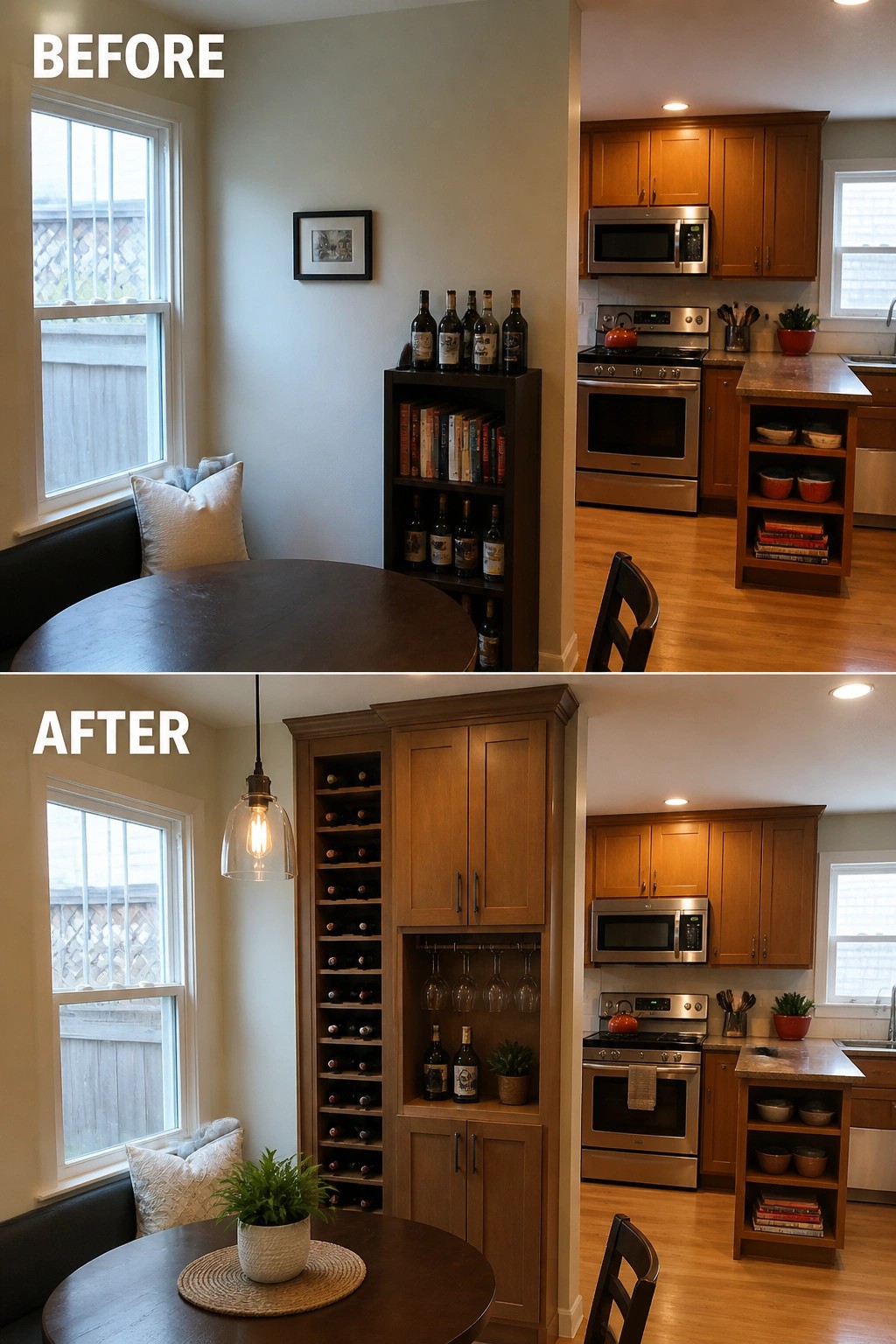 Before-and-after image of a small kitchen dining area where a low bookshelf was replaced by a full-height built-in storage cabinet with wine racks and glass storage.