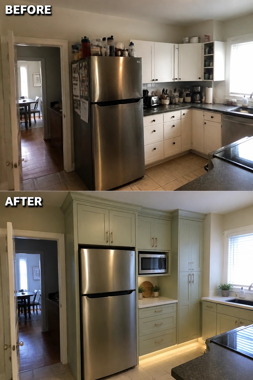 Before and after kitchen remodel with white cabinets repainted sage green