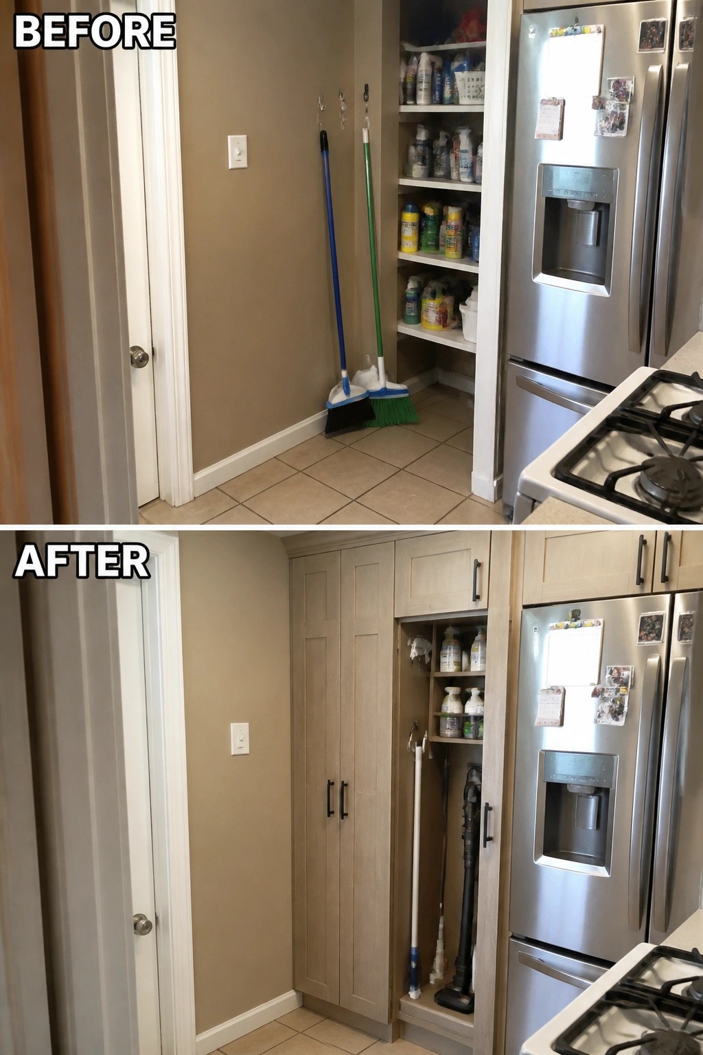 Before and after of cluttered closet renovated into light wood cabinets beside stainless refrigerator.