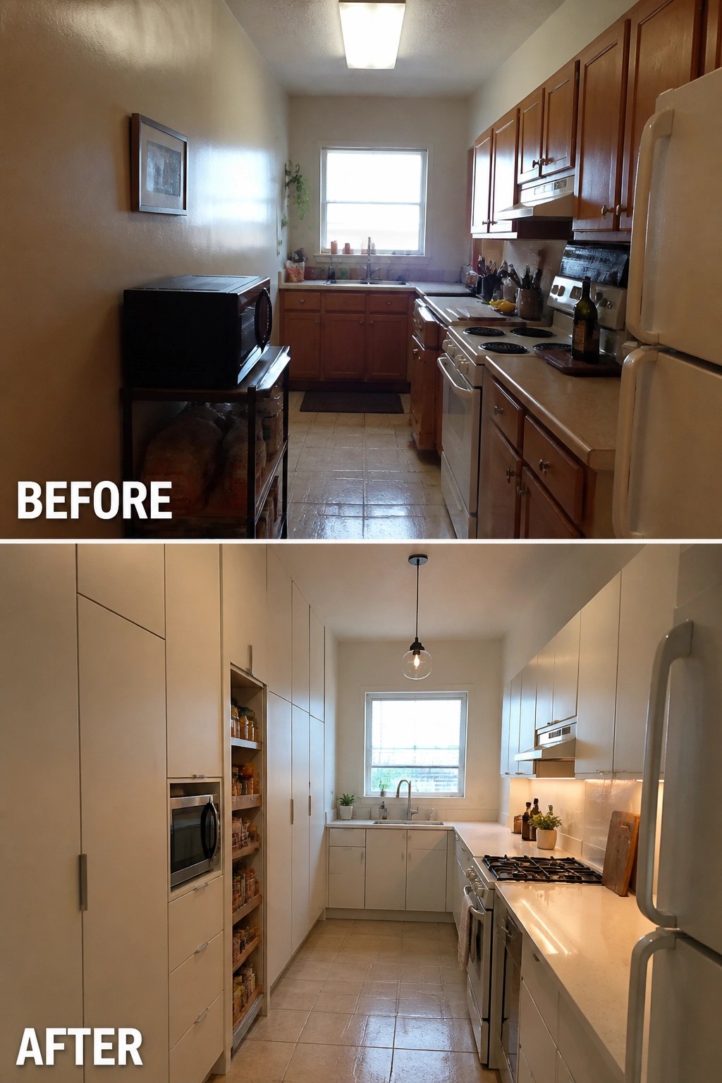 Before-and-after narrow kitchen with dark wood cabinets above and bright white modern cabinets below