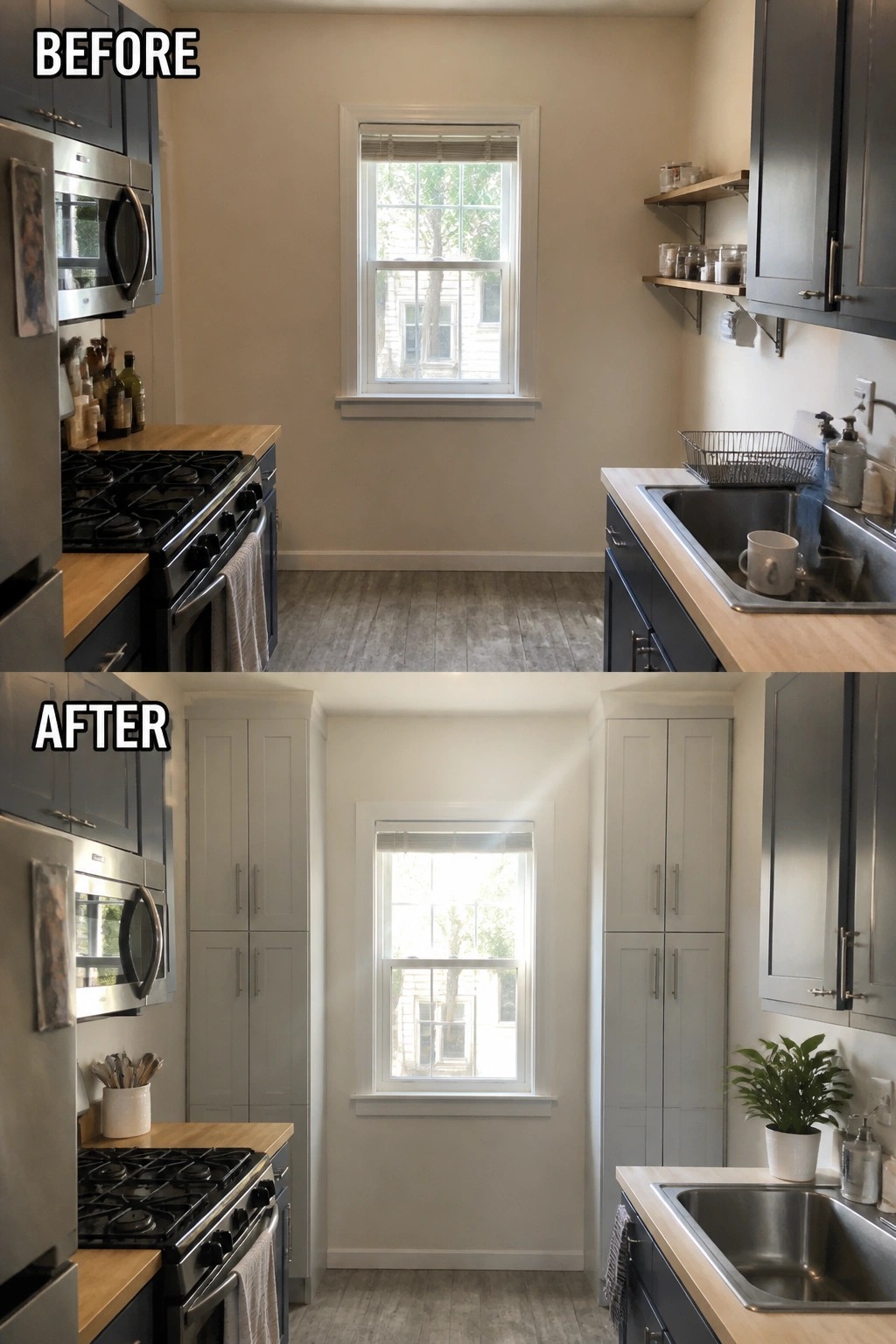 Before and after kitchen remodel with dark blue to light gray cabinets