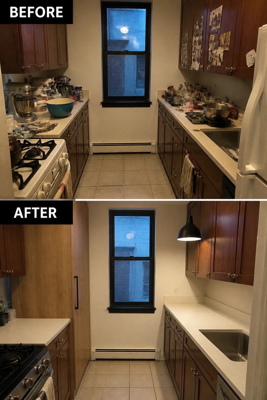 Before-and-after views of cluttered kitchen transformed into clean, organized space with new lighting.