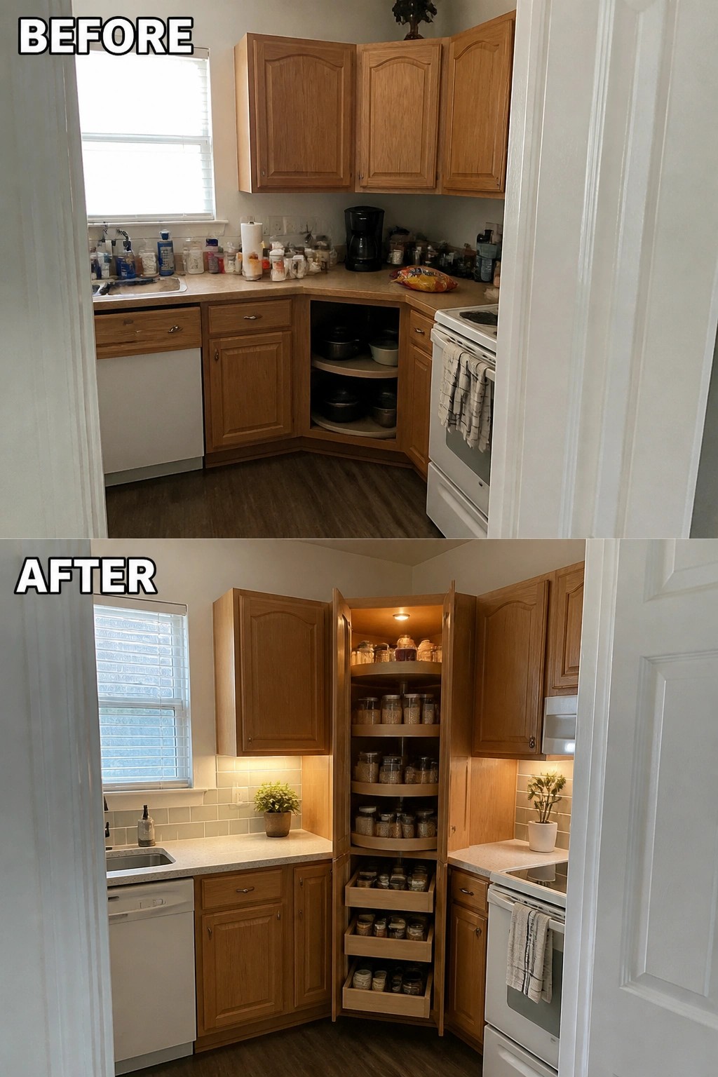 Before and after kitchen corner from cluttered mess to organized lit pantry with jars