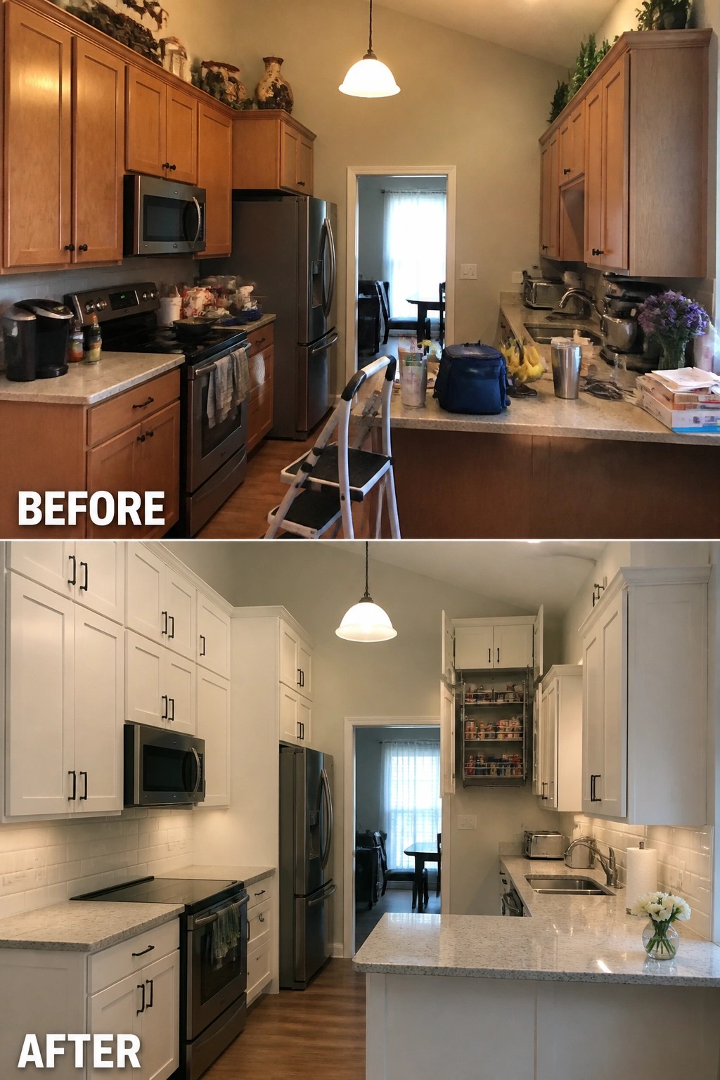 Before and after kitchen renovation with brown cabinets replaced by white ones