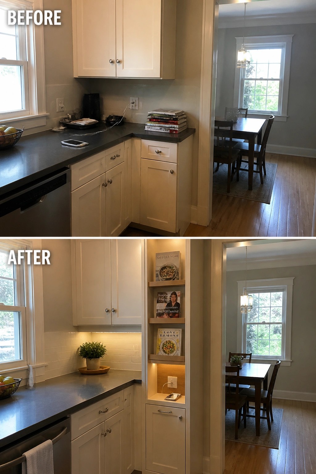 Before and after kitchen with white cabinets, dark counters, and illuminated bookshelf.