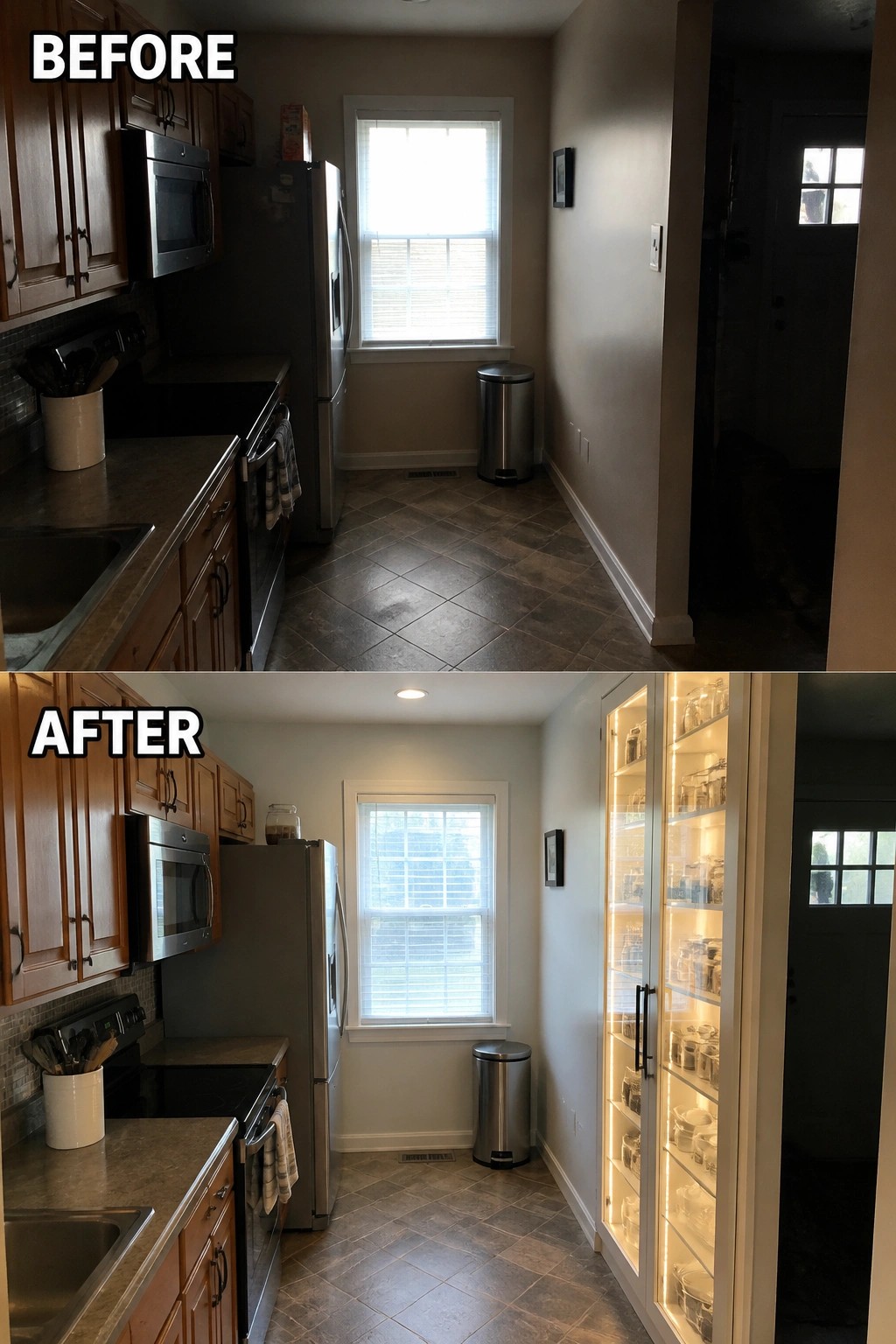 Before-and-after image of a small kitchen where an empty wall was replaced with tall illuminated glass-front cabinets for additional storage.
