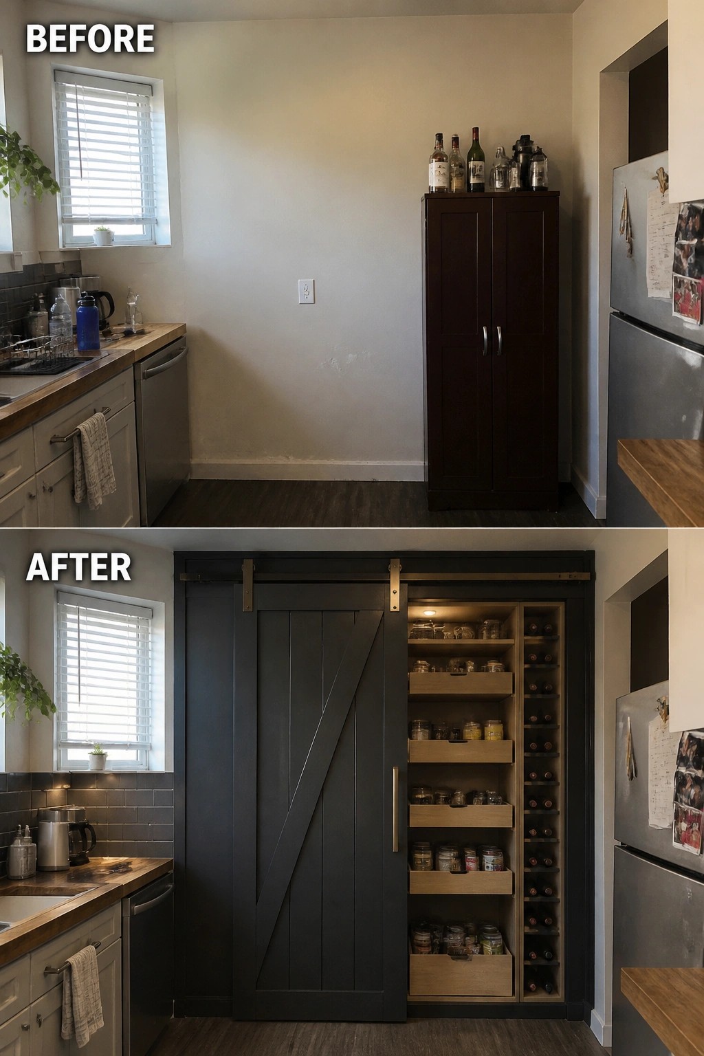 Before-and-after kitchen with dark cabinet transformed into sliding barn door pantry with shelves.