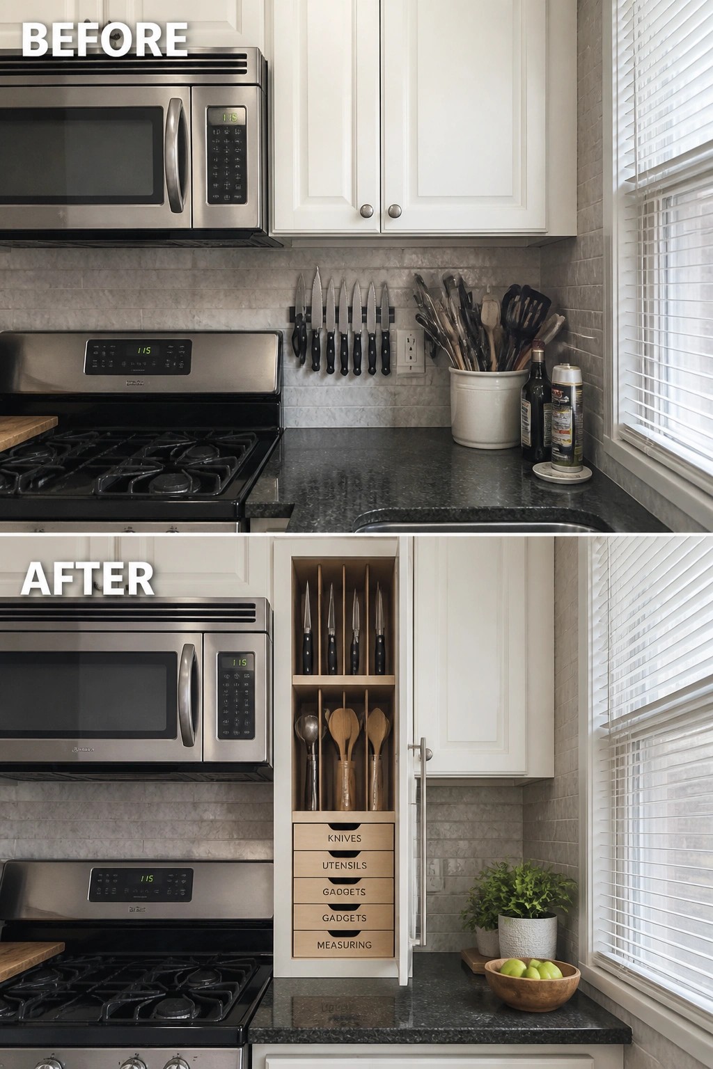 Before and after kitchen views showing cluttered counter versus organized cabinet storage.