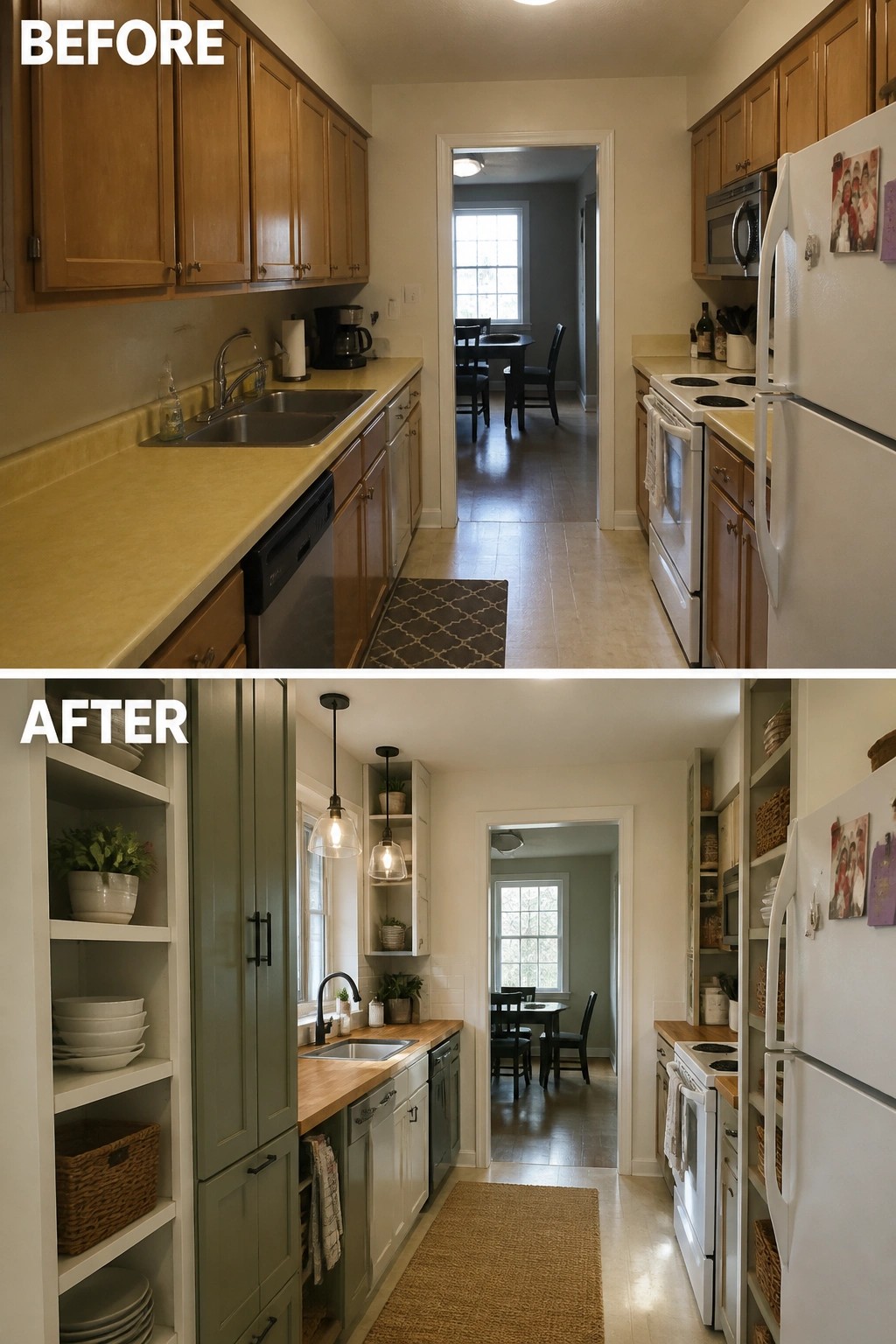 Before-and-after image of a small kitchen remodeled with full-height open shelving and painted cabinets for expanded storage.