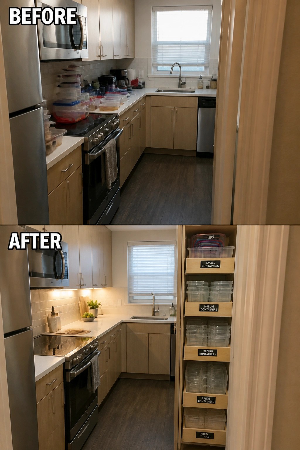 Before-after kitchen: cluttered counters transformed into organized pull-out container storage drawers.