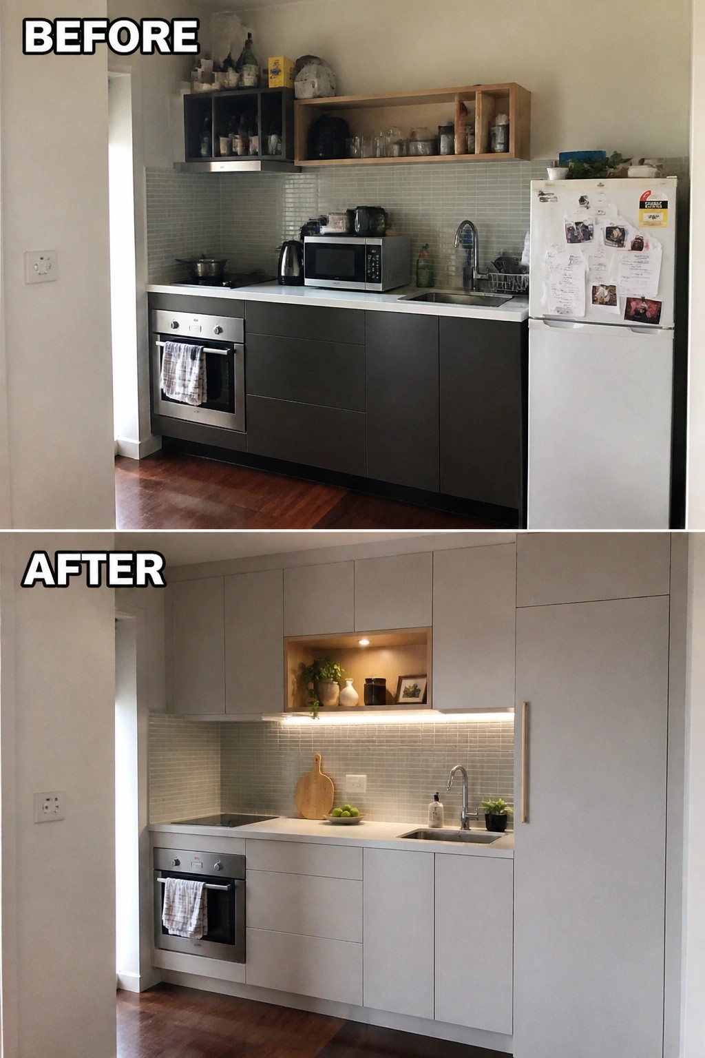 Before and after kitchen remodel: dark cluttered cabinets to light minimalist design.
