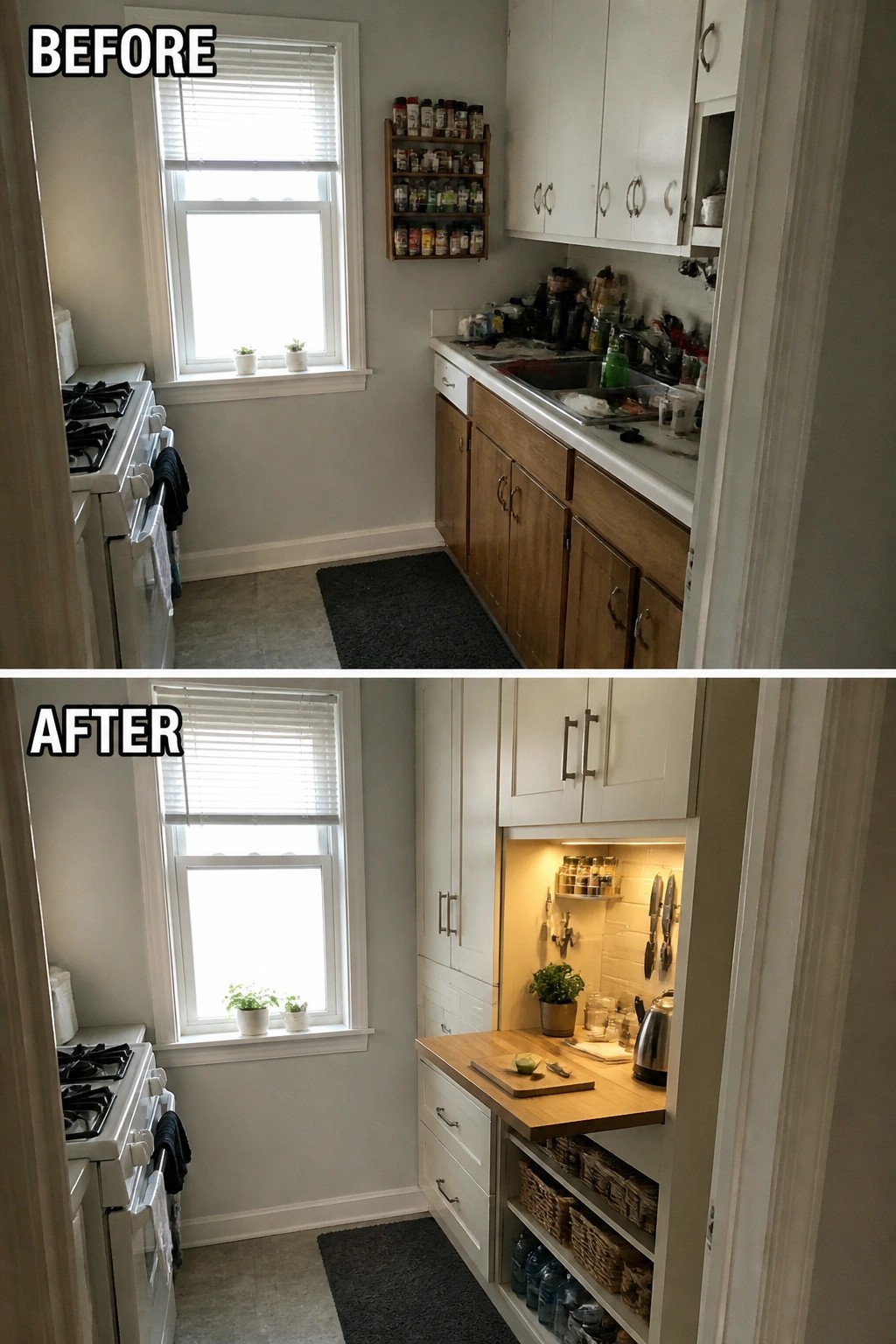 Before and after of cluttered kitchen renovated with white cabinets and organized storage