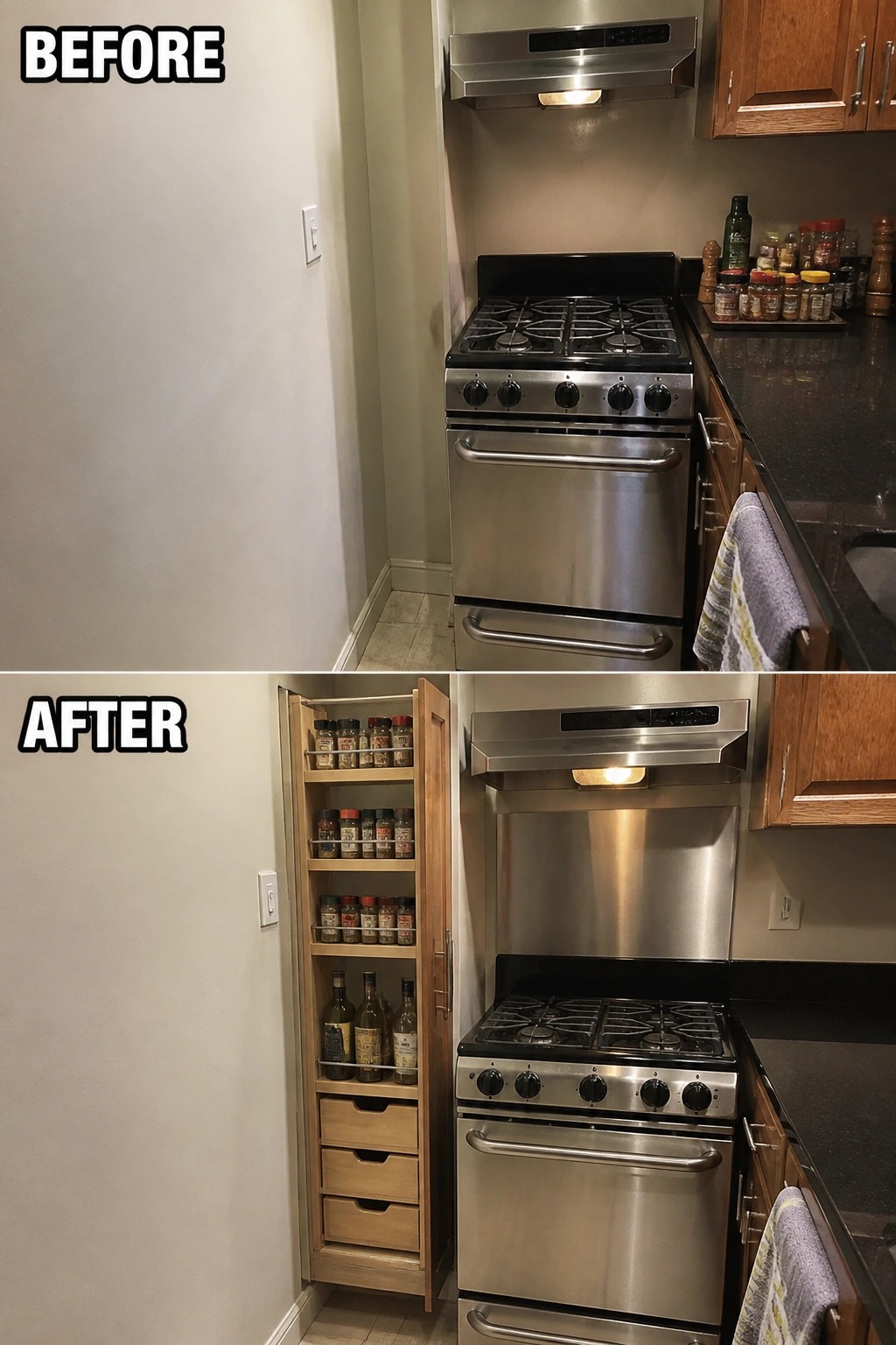 Before-and-after image of a kitchen where a narrow empty space next to the stove was converted into a tall pull-out cabinet with spice shelves and drawers.