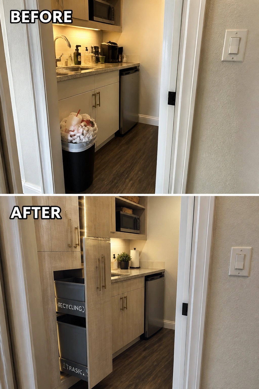 Before and after views of a renovated kitchen with new cabinets and pull-out bins.
