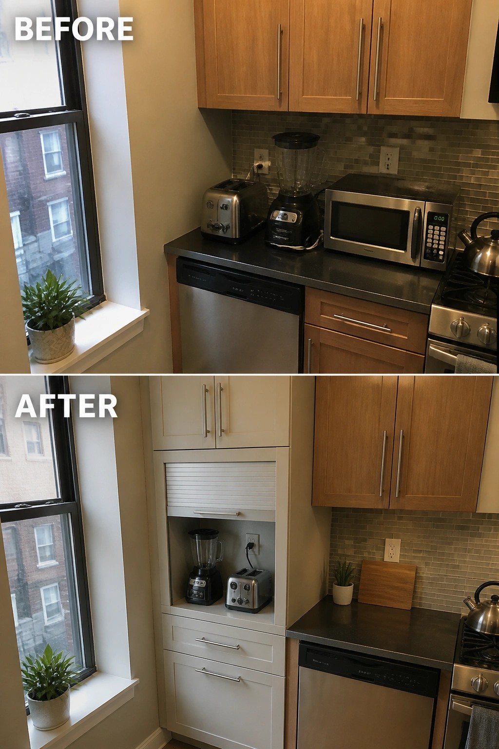 Before-and-after image of a kitchen where countertop appliances were moved into a recessed cabinet with a roll-up door.