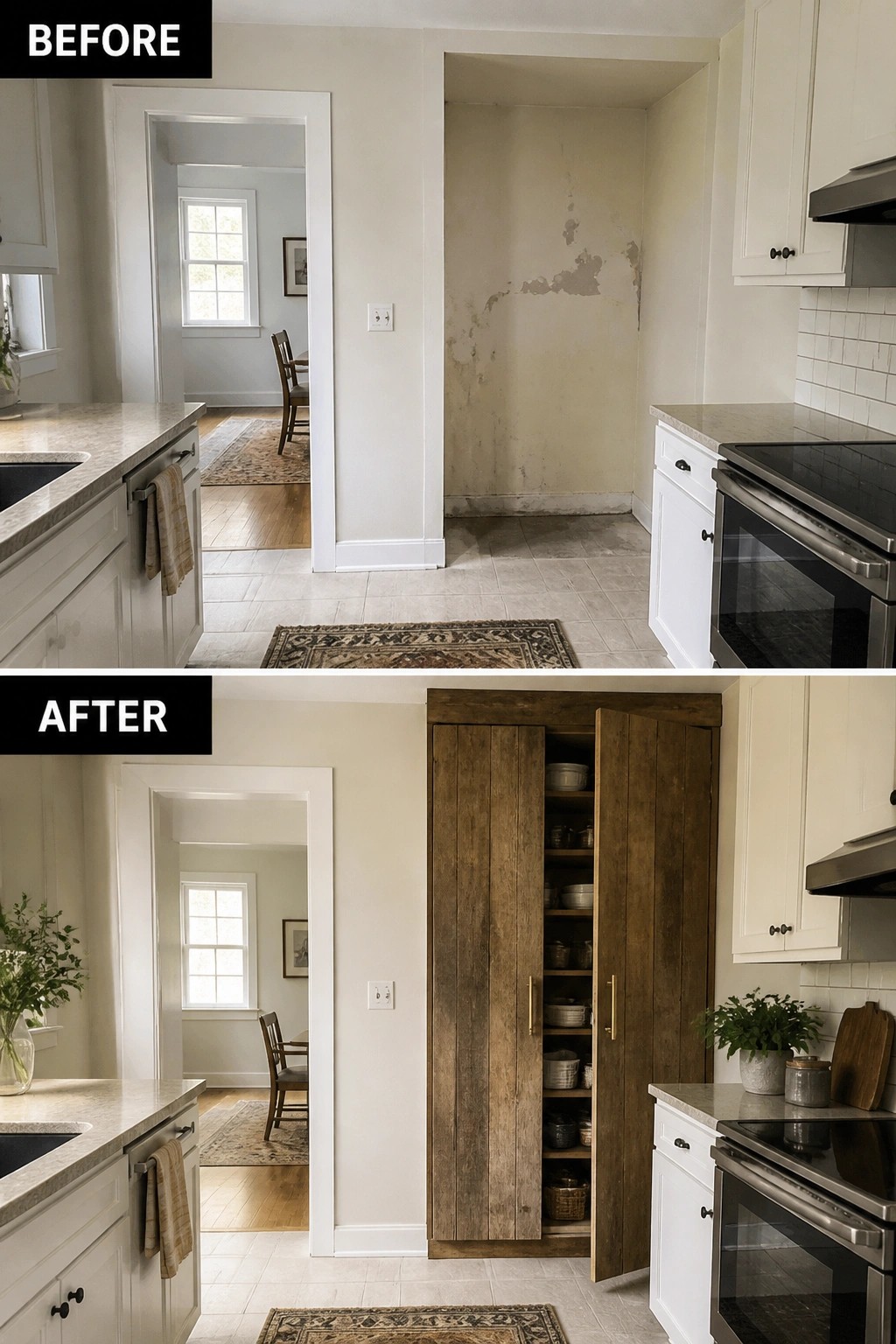 Before and after kitchen remodel featuring new open wooden pantry cabinet