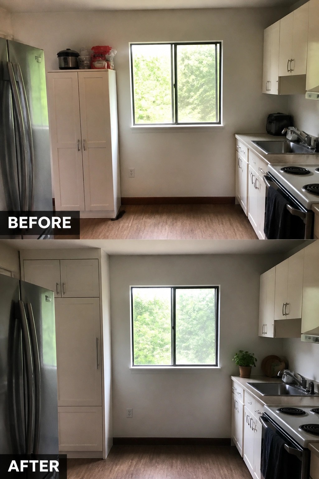 Before and after kitchen renovation with white cabinets, fridge, stove, and window view.
