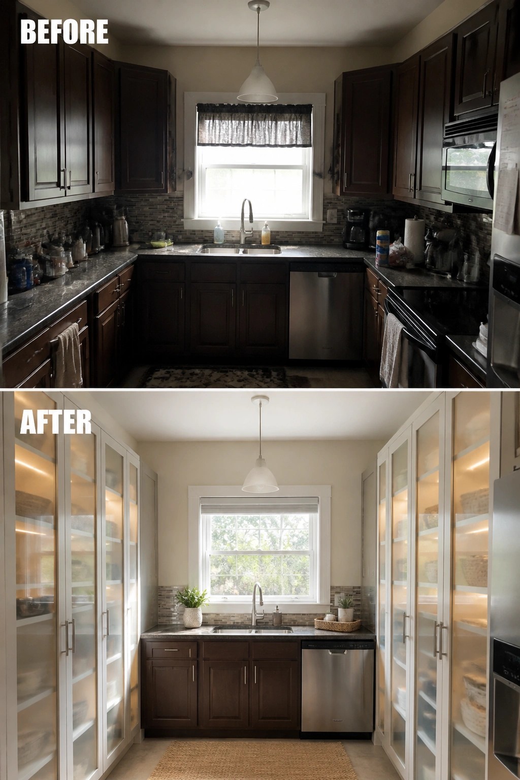 Before-and-after image of a dark kitchen with solid cabinets transformed by white glass-front cabinets with interior lighting.