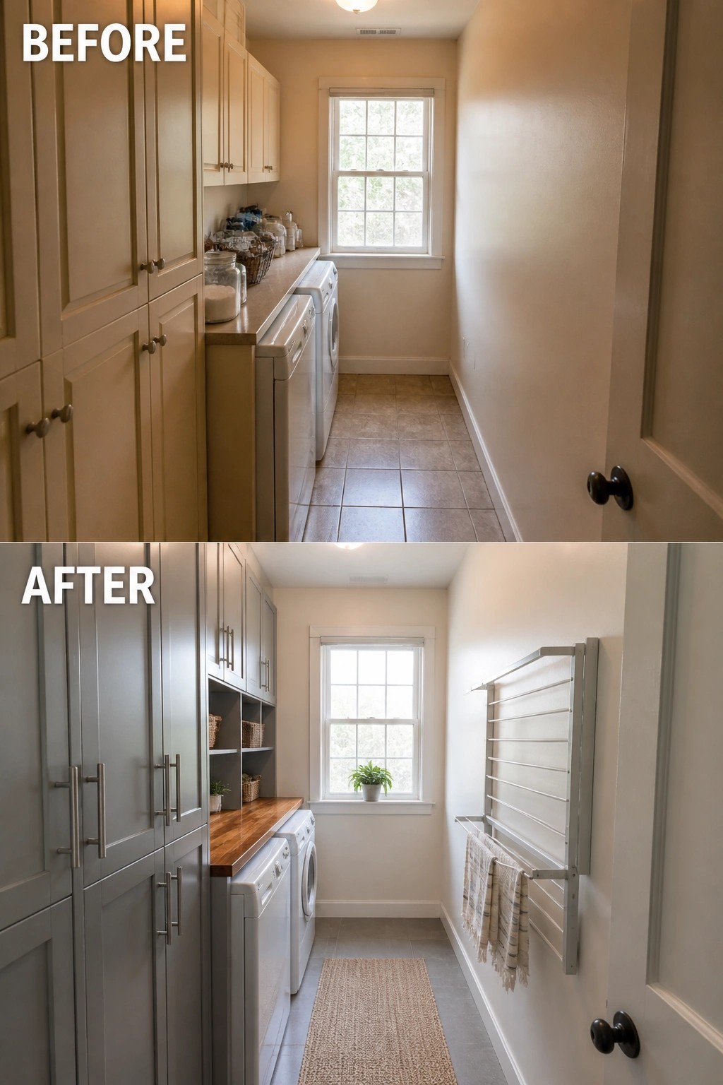 Before and after laundry room remodel with gray cabinets, towel rack, and rug.