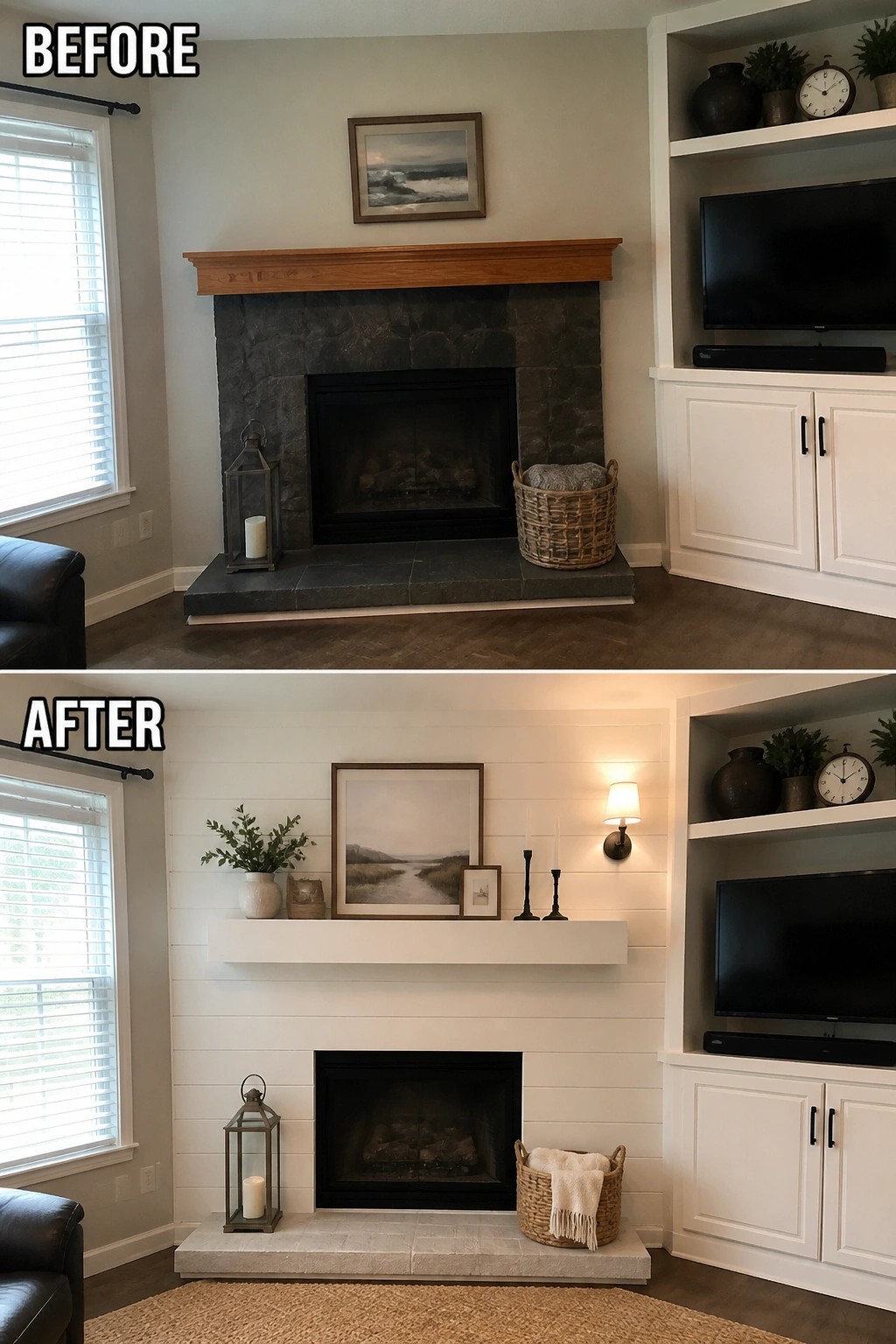 Before and after fireplace makeover with white shiplap, floating mantel, and updated decor