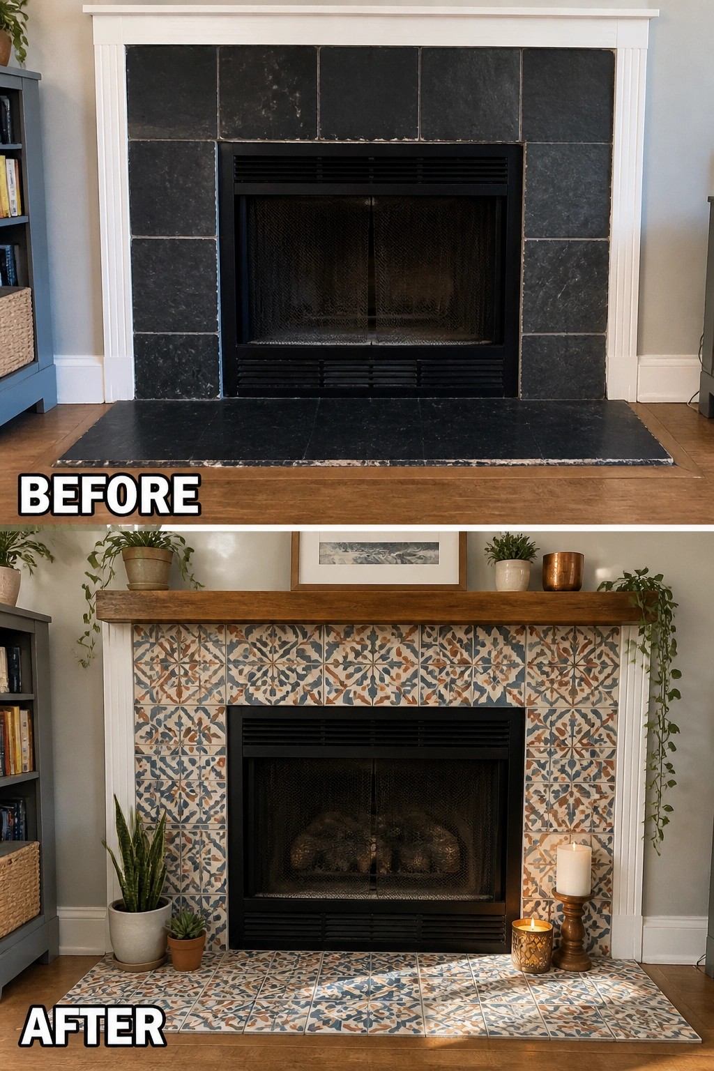 Before-and-after image of a fireplace with a dark stone surround changed to a colorful patterned tile surround with a wooden mantel and added plants and candles.