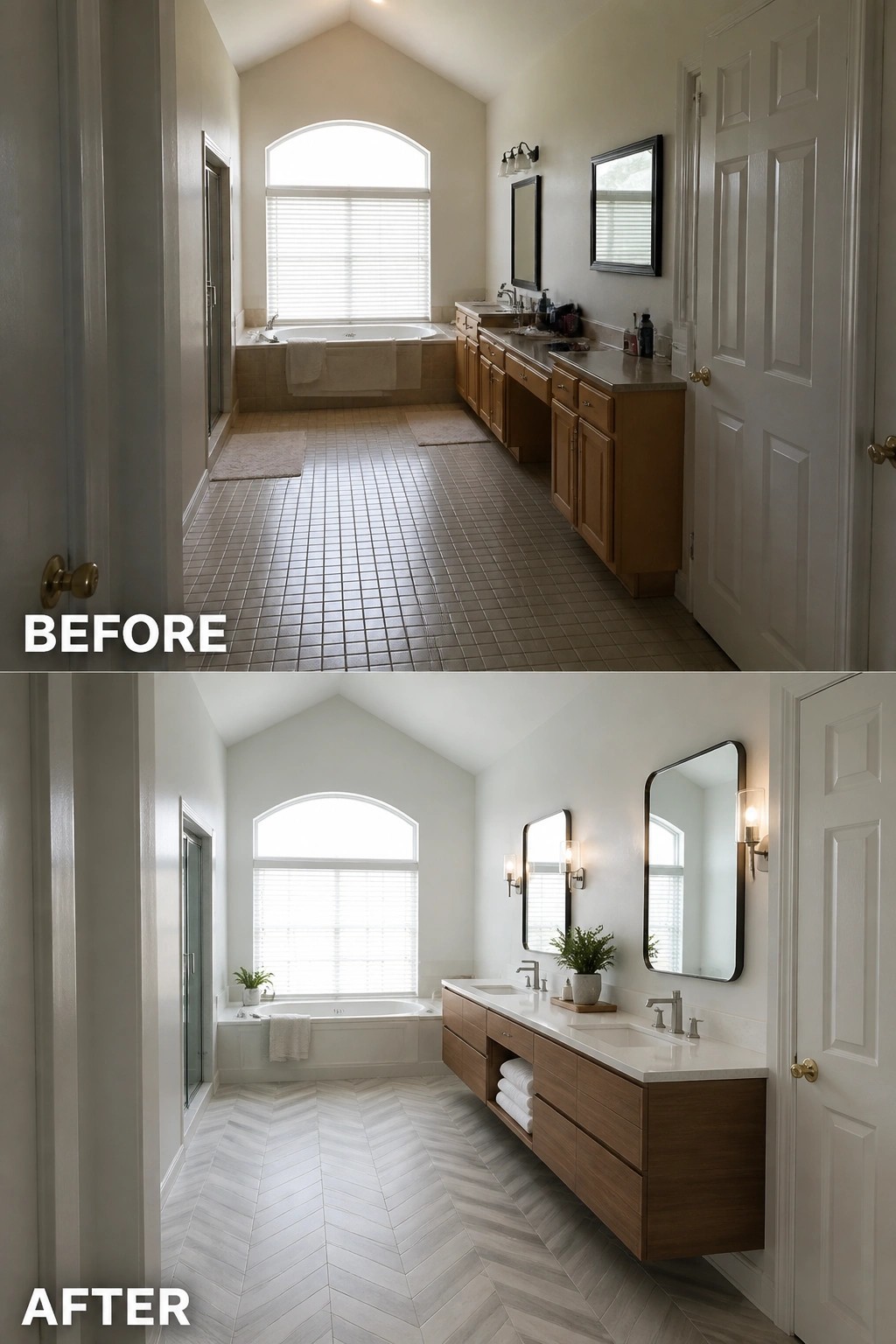 Before-and-after image of a bathroom showing brown grid tile and a built-in wood vanity replaced with light herringbone tile and a floating modern vanity with white countertop.