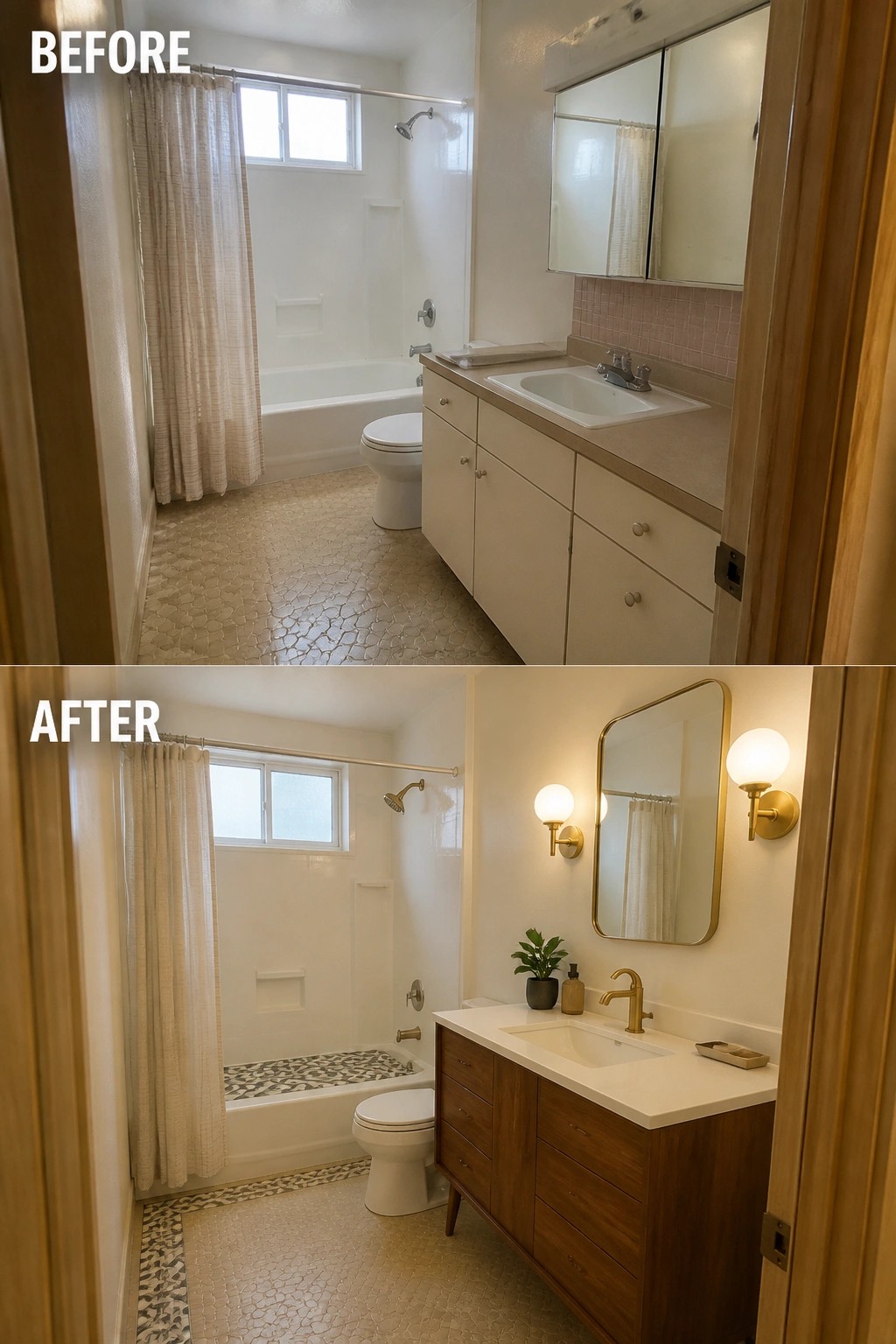Before and after bathroom remodel with new wood vanity, gold fixtures, and lighting.