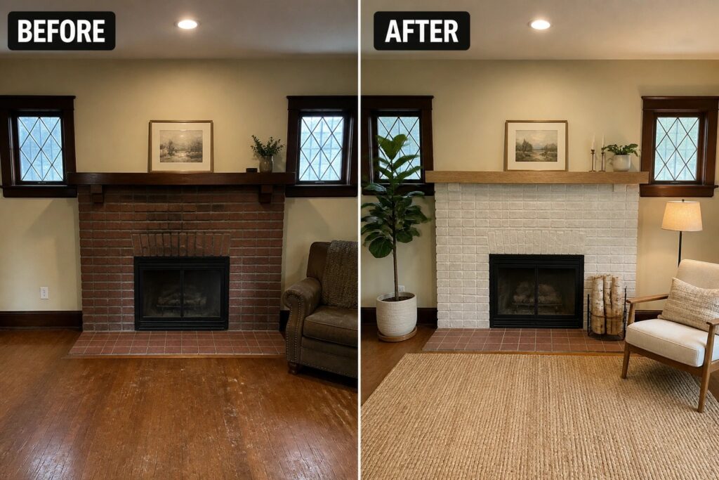 Before and after living room fireplace renovation from dark brick to whitewashed with new decor