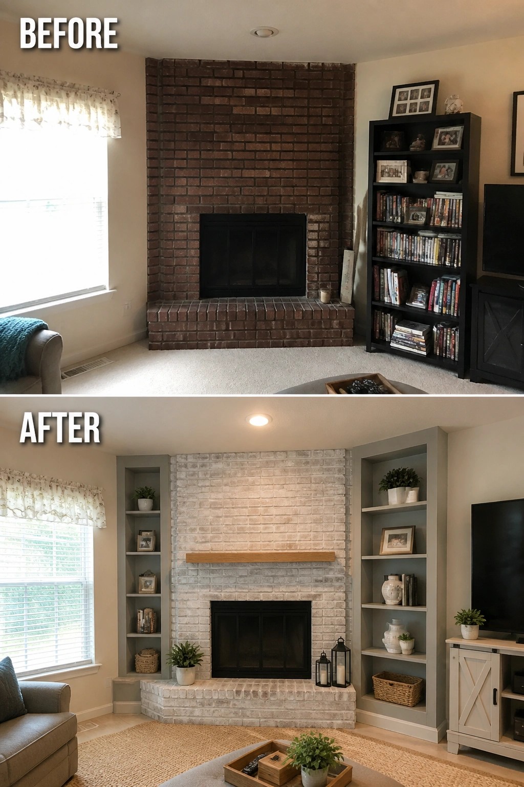 Before and after of brick fireplace painted white with built-in gray shelves.