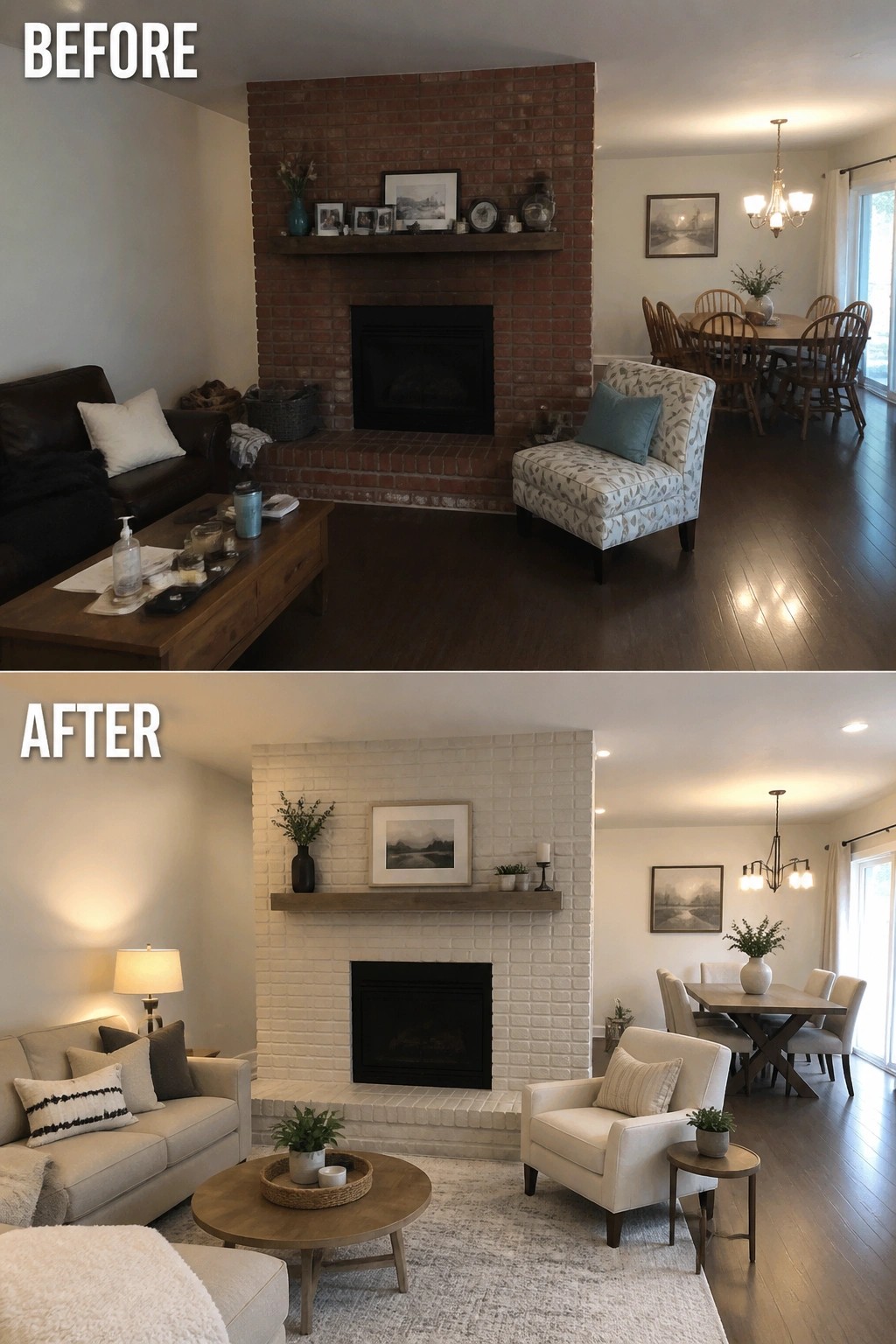 Before-and-after image of a living room showing a dark brick fireplace changed to white limewashed brick with updated seating and a rug.