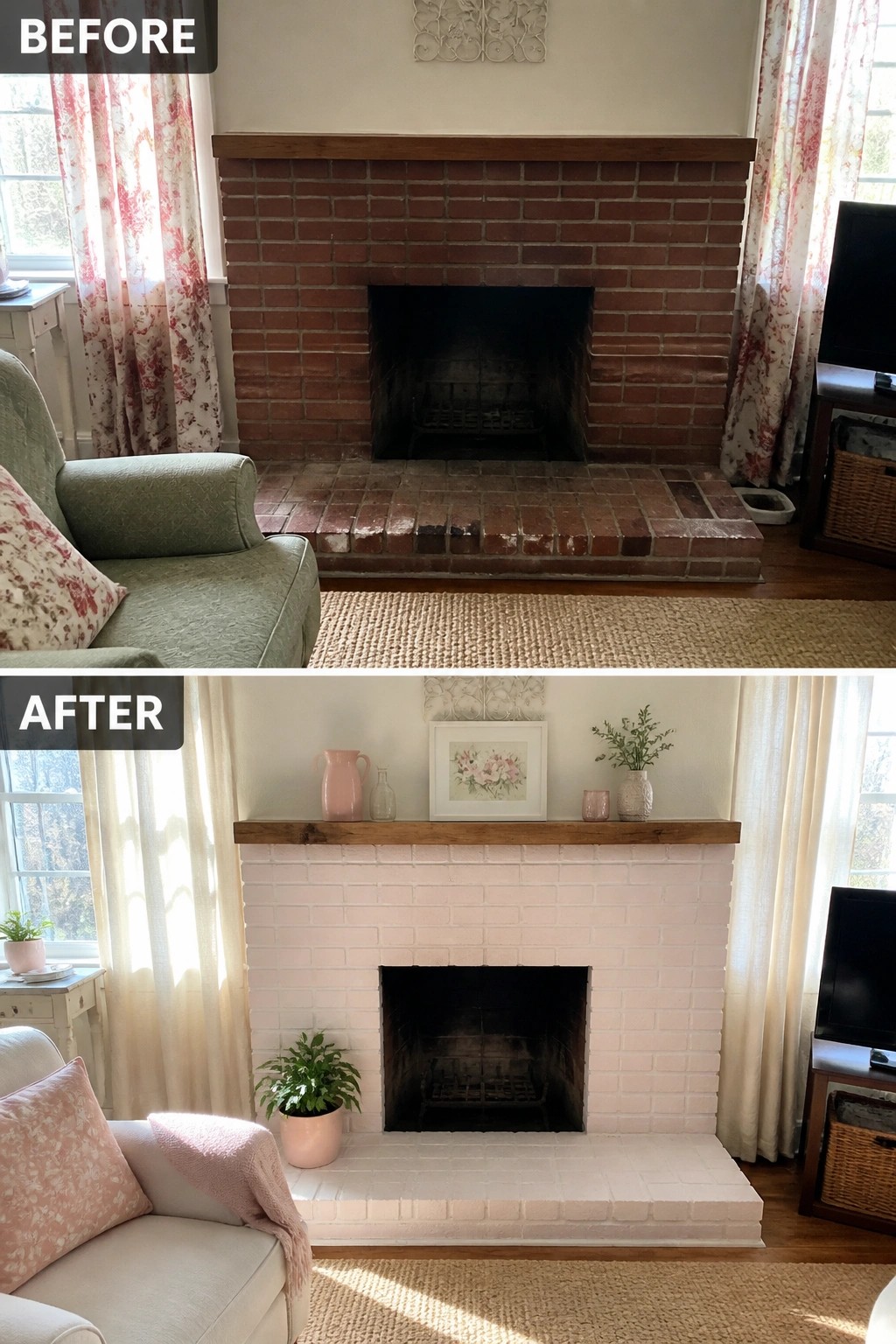 Before-and-after image of a red brick fireplace updated with white limewash and lighter room styling.