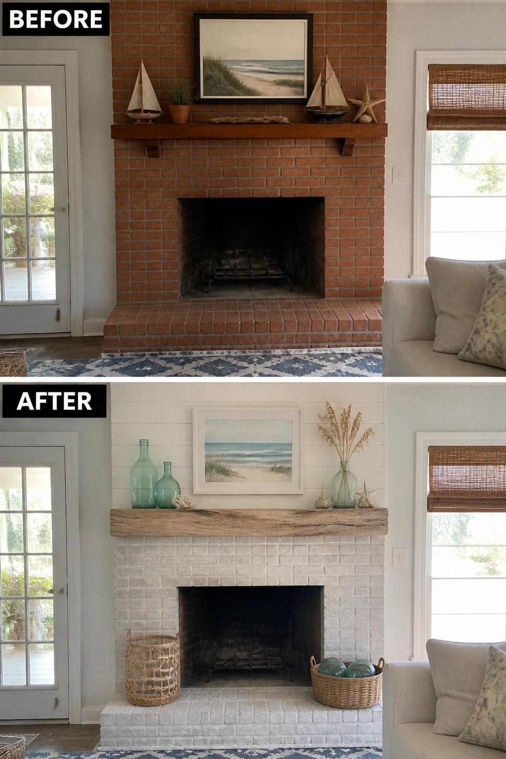 Before-and-after image of a red brick fireplace updated with white limewash, a new wood mantel, and lighter accessories.