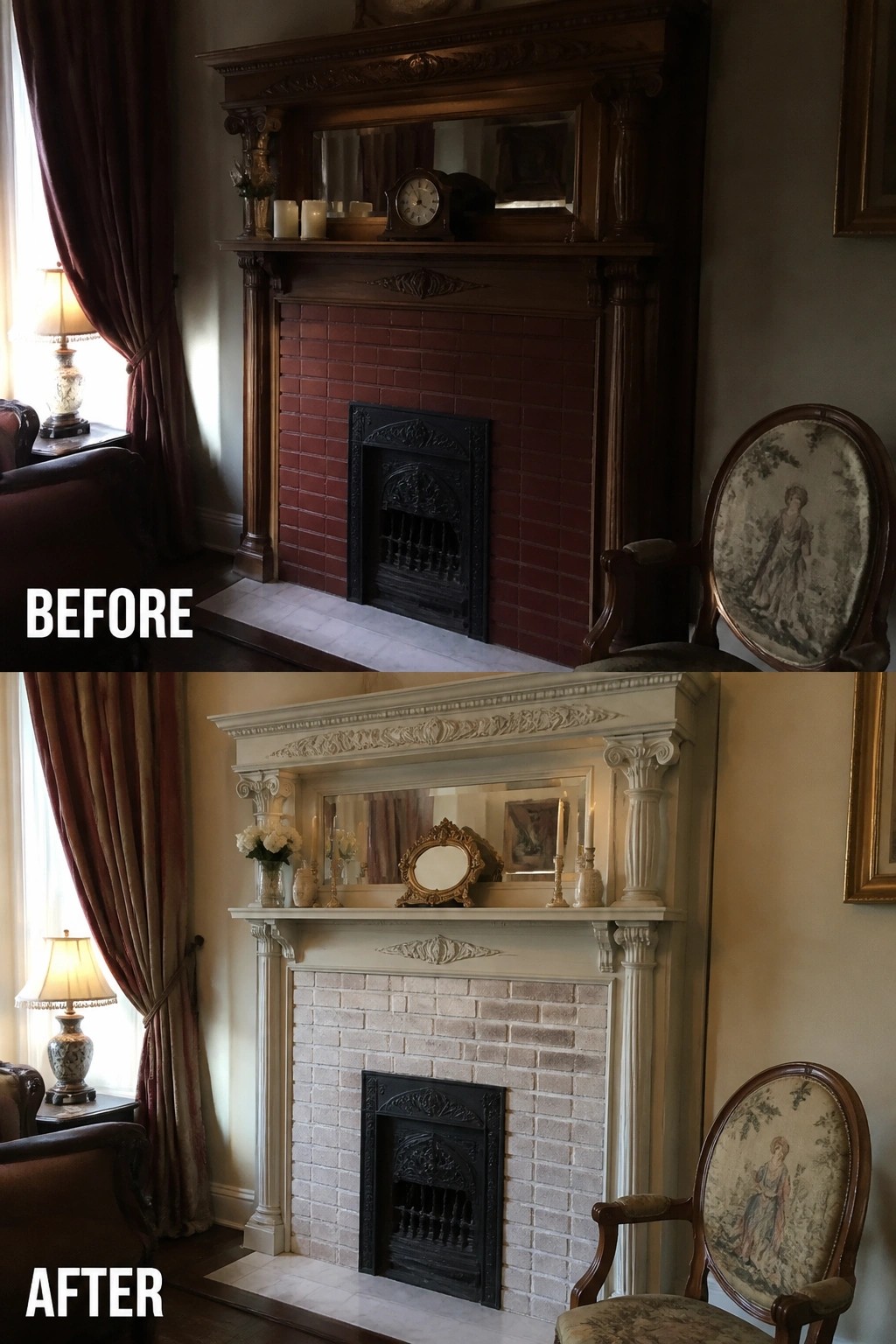 Before-and-after image of a fireplace with dark wood mantel and red brick updated to a white painted mantel and light limewashed brick.