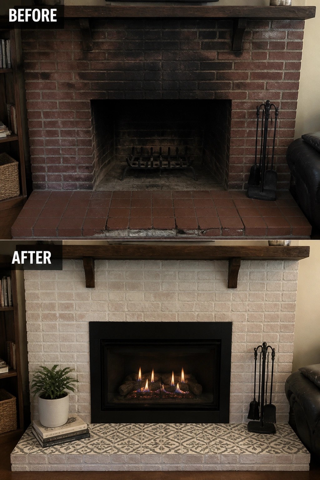 Before-and-after image of a dark brick fireplace updated with limewashed brick, a modern black insert, and a patterned tile hearth.
