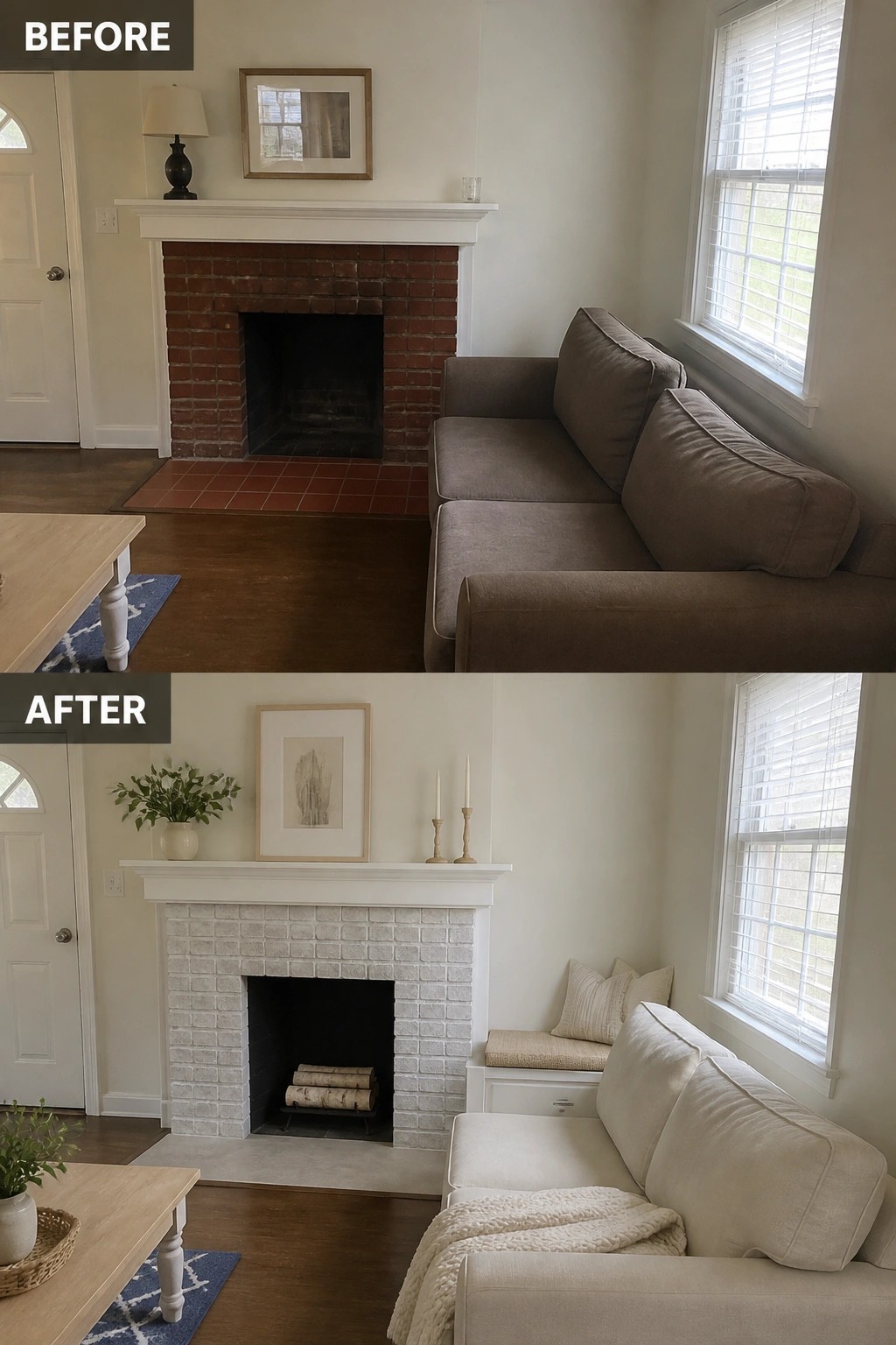 Before-and-after image of a red brick fireplace updated with light limewash on the brick.