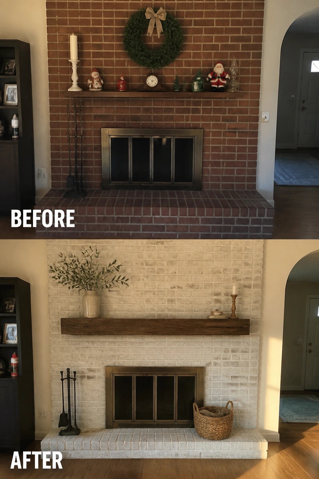Before-and-after brick fireplace: red with Christmas decor, then whitewashed with wood mantel.