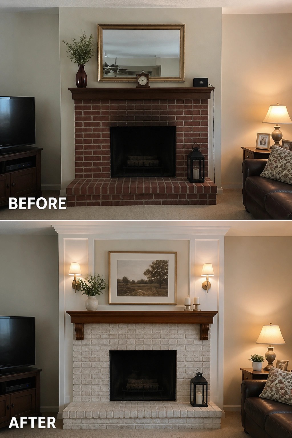 Before-and-after image of a red brick fireplace transformed with limewashed white brick, added trim panels, and wall sconces.