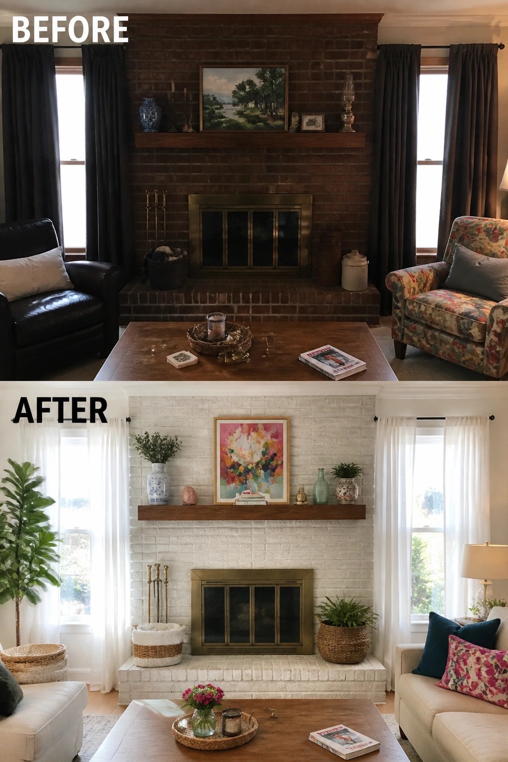 Before-and-after image of a dark brick fireplace updated with white limewash and lighter styling.