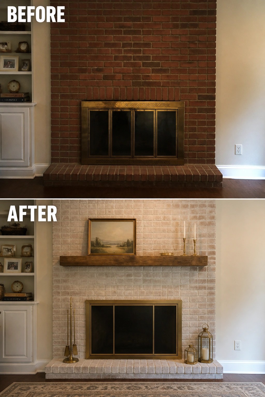 Before-and-after image of a red brick fireplace updated with limewashed brick, a wood mantel, and simple accessories.