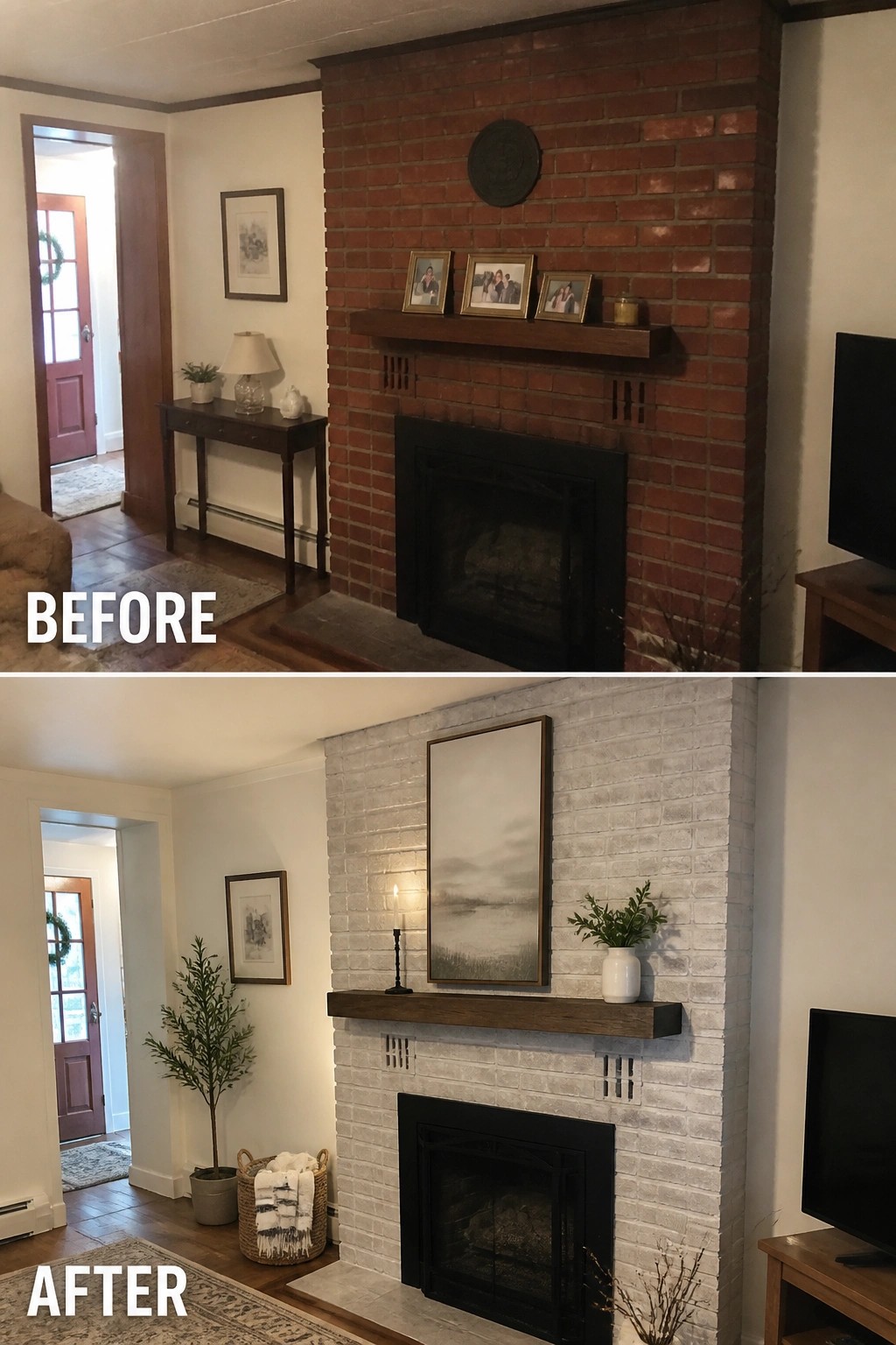 Before-and-after image of a red brick fireplace changed to a limewashed white brick finish with updated mantel styling.