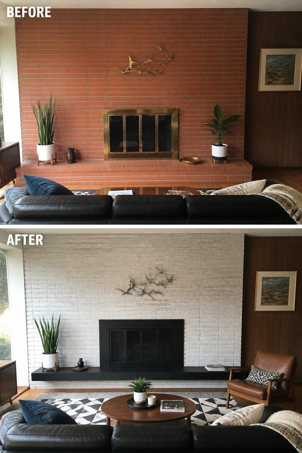 Before and after living room fireplace renovation from red brick to white with modern updates