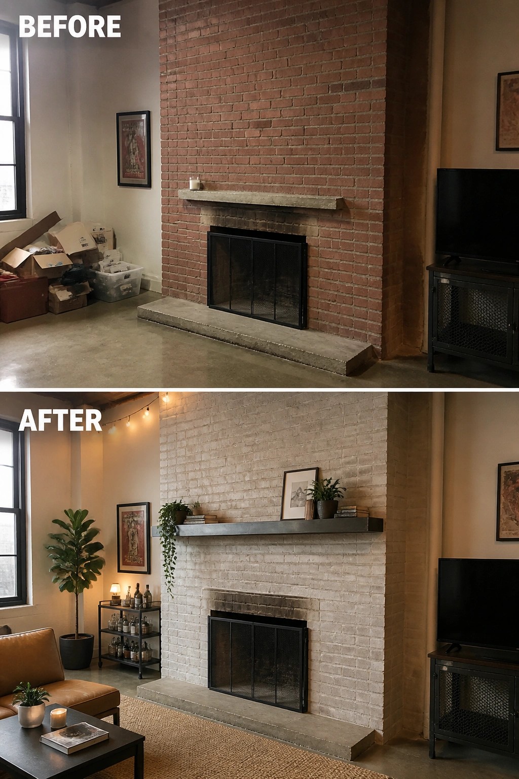 Before and after of red brick fireplace transformed into whitewashed cozy living room.