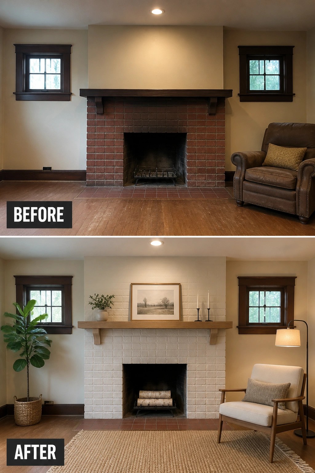 Before and after living room fireplace renovation from dark brick to whitewashed with new decor