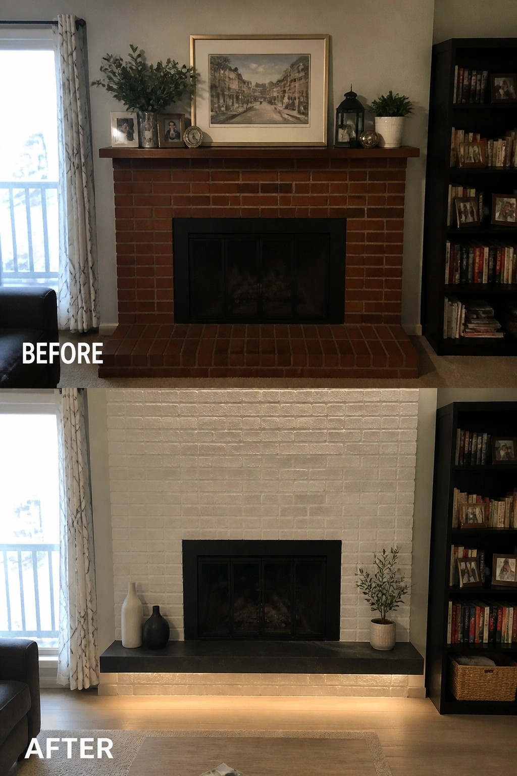 Before-and-after image of a red brick fireplace updated with white limewash and a new dark hearth.