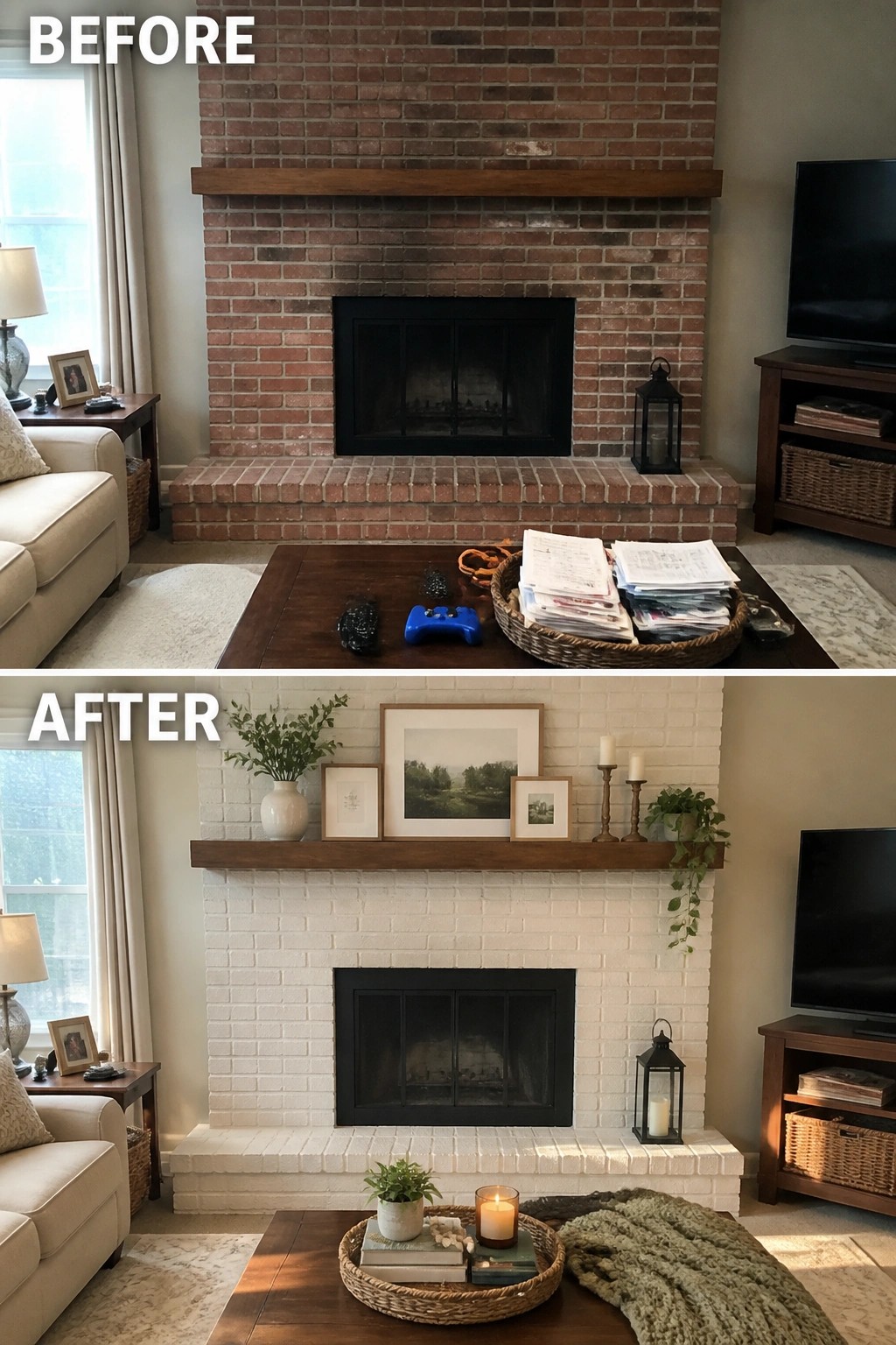 Before-and-after image of a red brick fireplace changed to white limewashed brick with updated mantel styling.